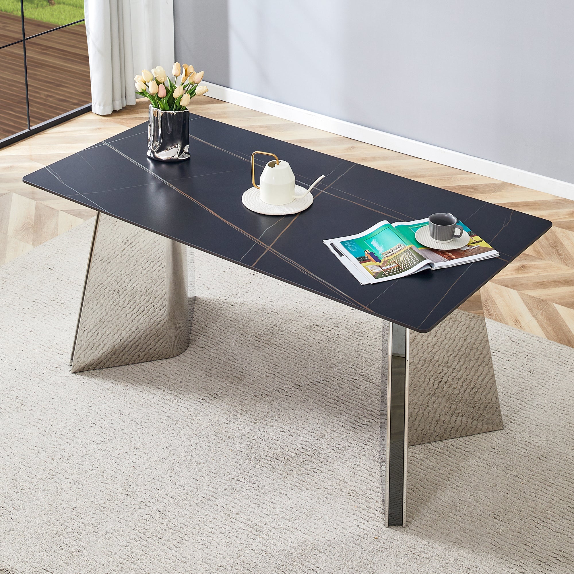 63"X31.5X30" Black Marble Patterned Slab Dining Table With Stainless Steel Butterfly Legs.The Tabletop Is Designed To Be Scratch And Heat Resistant.Slabs Tabletop,Stainless Steels Legs. Black,Silver