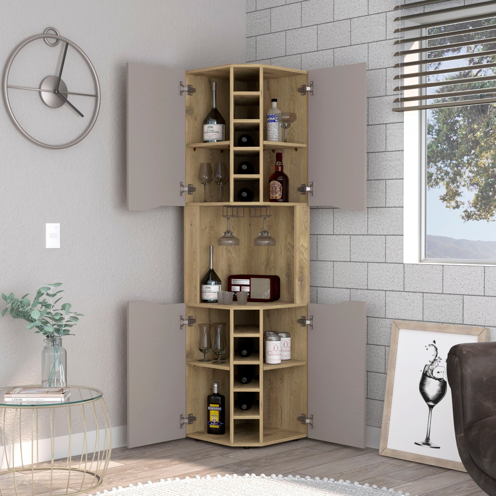 Corner Bar Cabinet, Ten Built In Wine Rack, Macadamia Taupe Multicolor Solid Wood Mdf Engineered Wood