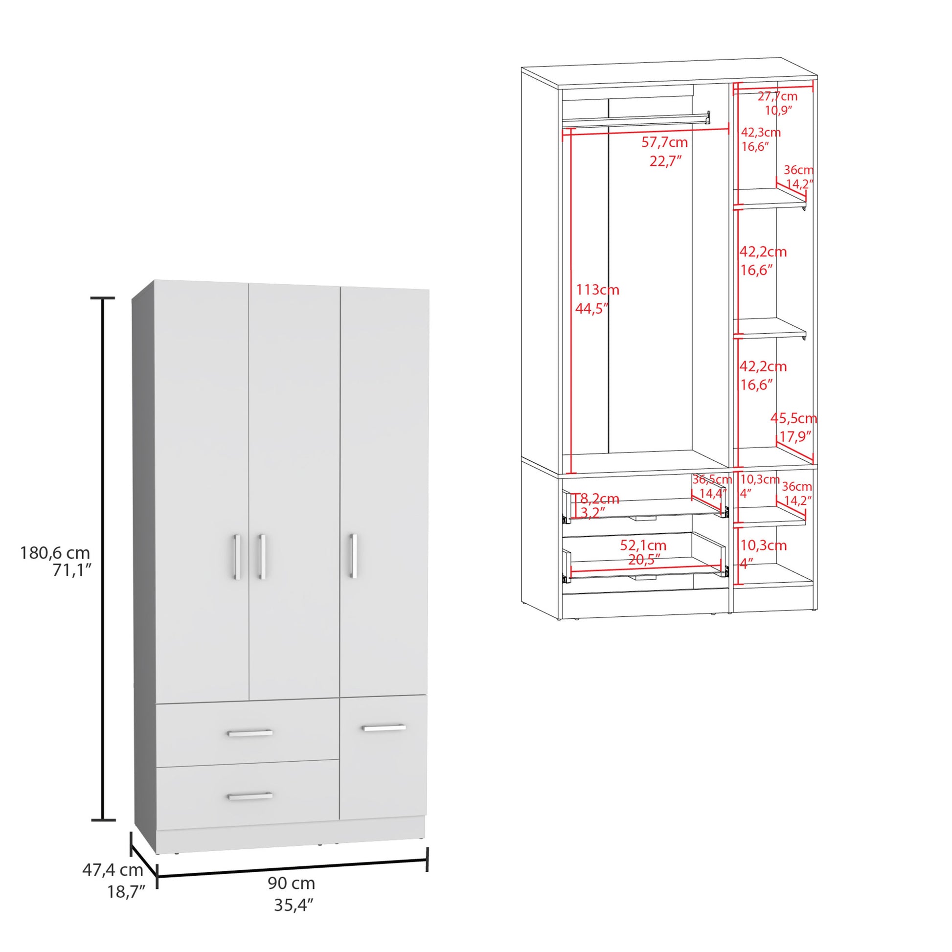 Sebree 71" High Armoire Wardrove Closet With 2 Drawers, Four Doorsthree Cabinetsix Shelves And Hanging Rod, Bedroom Clothes Storage Cabinet Organizer White Bedroom Modern Particle Board