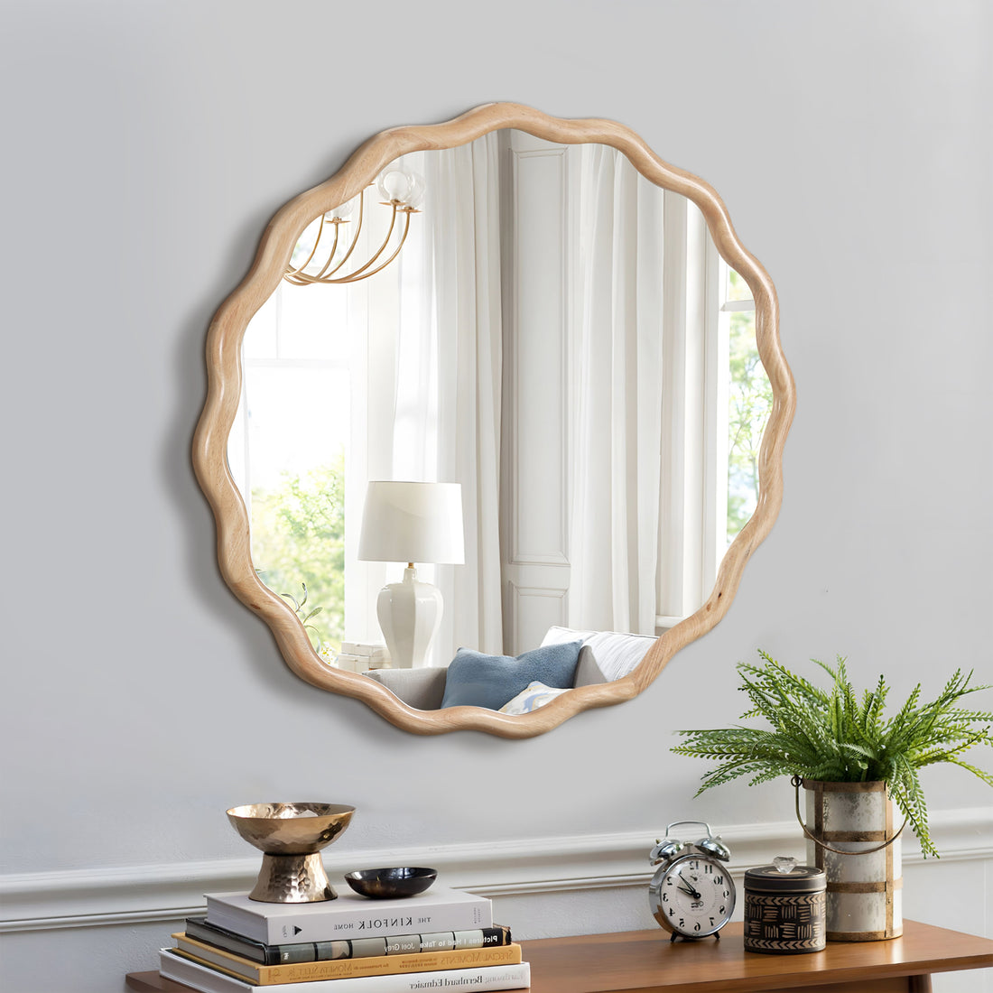 Solid Wood Wavy Mirror Natural Wood Vanity Mirror Wall Decor 36" X 36" Modern Mirror Wall Decor For Bathroom, Bedroom, Living Room, Dining Room, Cloakroom, Entryway Natural Wood Glass Solid Wood