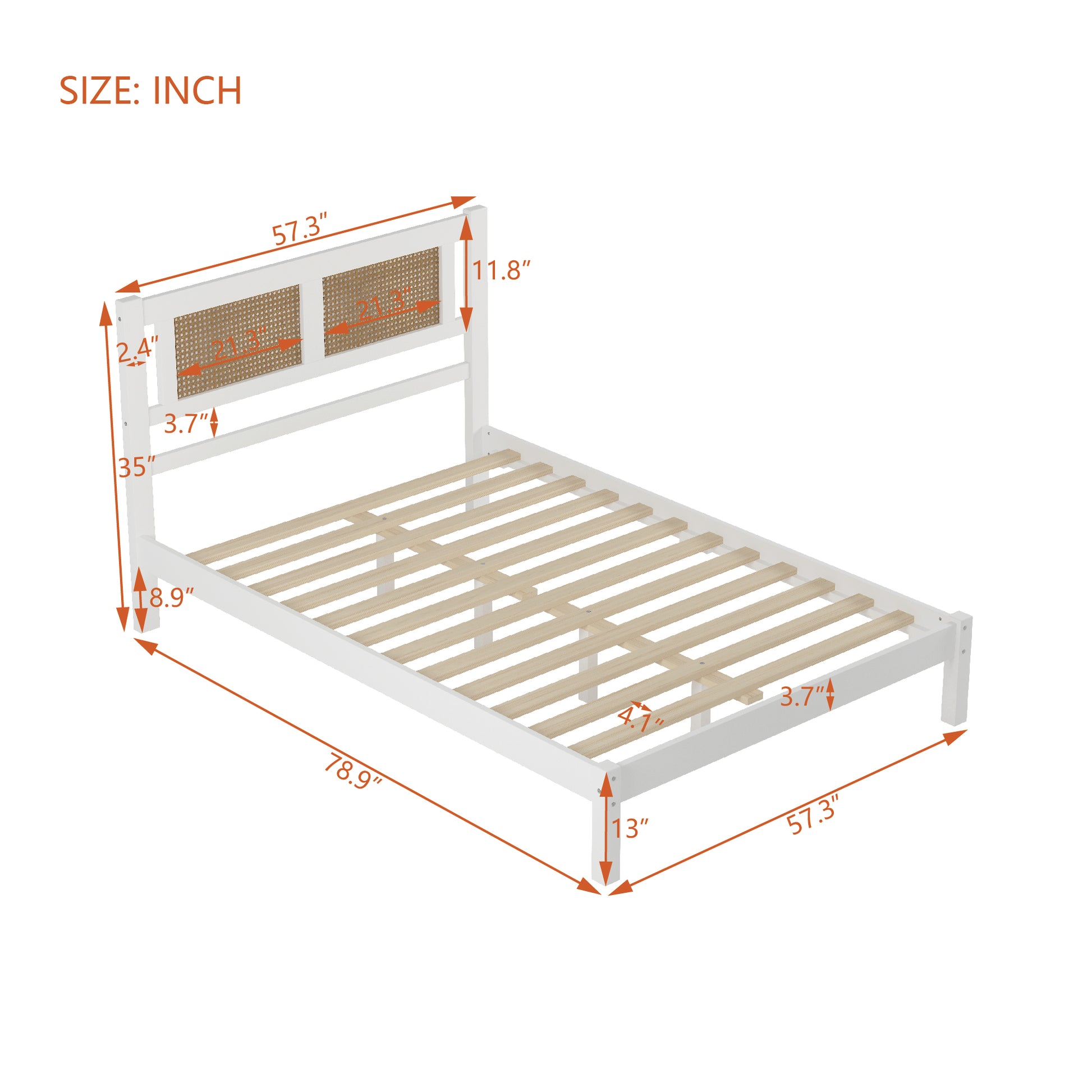 Full Size Wooden Platform Bed With Natural Rattan Headboard, Exquisite Elegance With Minimalist Charm For Bedroom, White White Particle Board