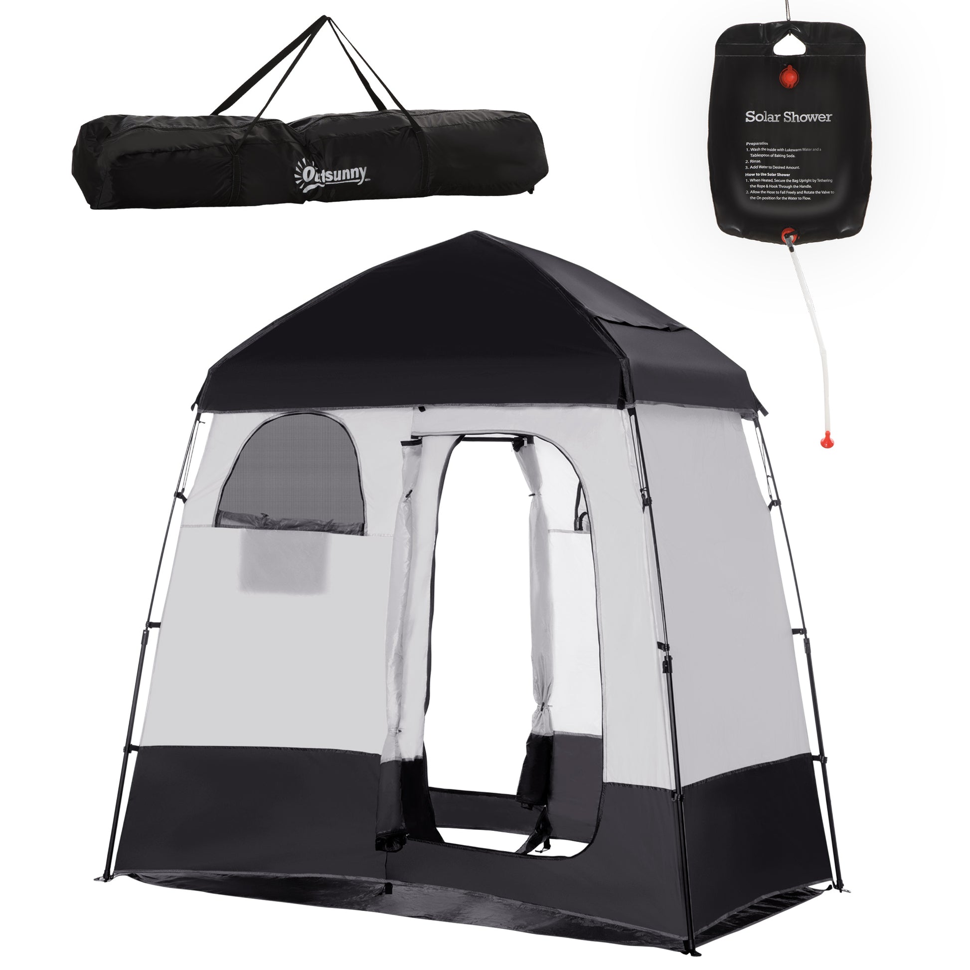 Outsunny Shower Tent, Pop Up Privacy Shelter For Camping, Dressing Changing Room, Portable Instant Outdoor Shower Tent Enclosure W 2 Rooms, Shower Bag, Floor And Carrying Bag, Black Black Taffeta