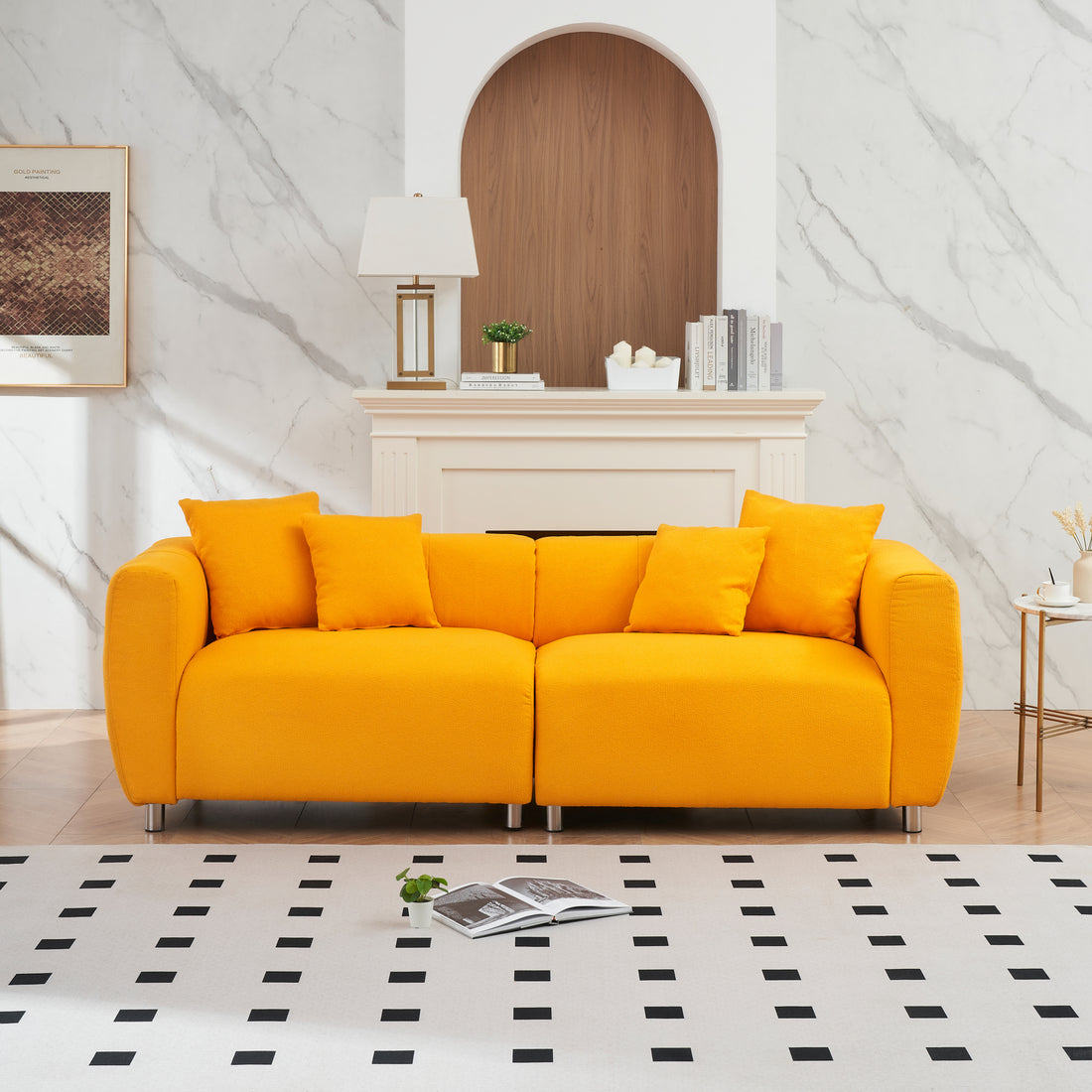 89 Inch Sofa For Living Room, Fashion Sofa With Metal Legs, 3 Seater Sofa, Solid Wood Frame Couch With 4Pillows, For Apartment Office Living Room Yellow Yellow Cotton Linen,Teddy 3 Seat