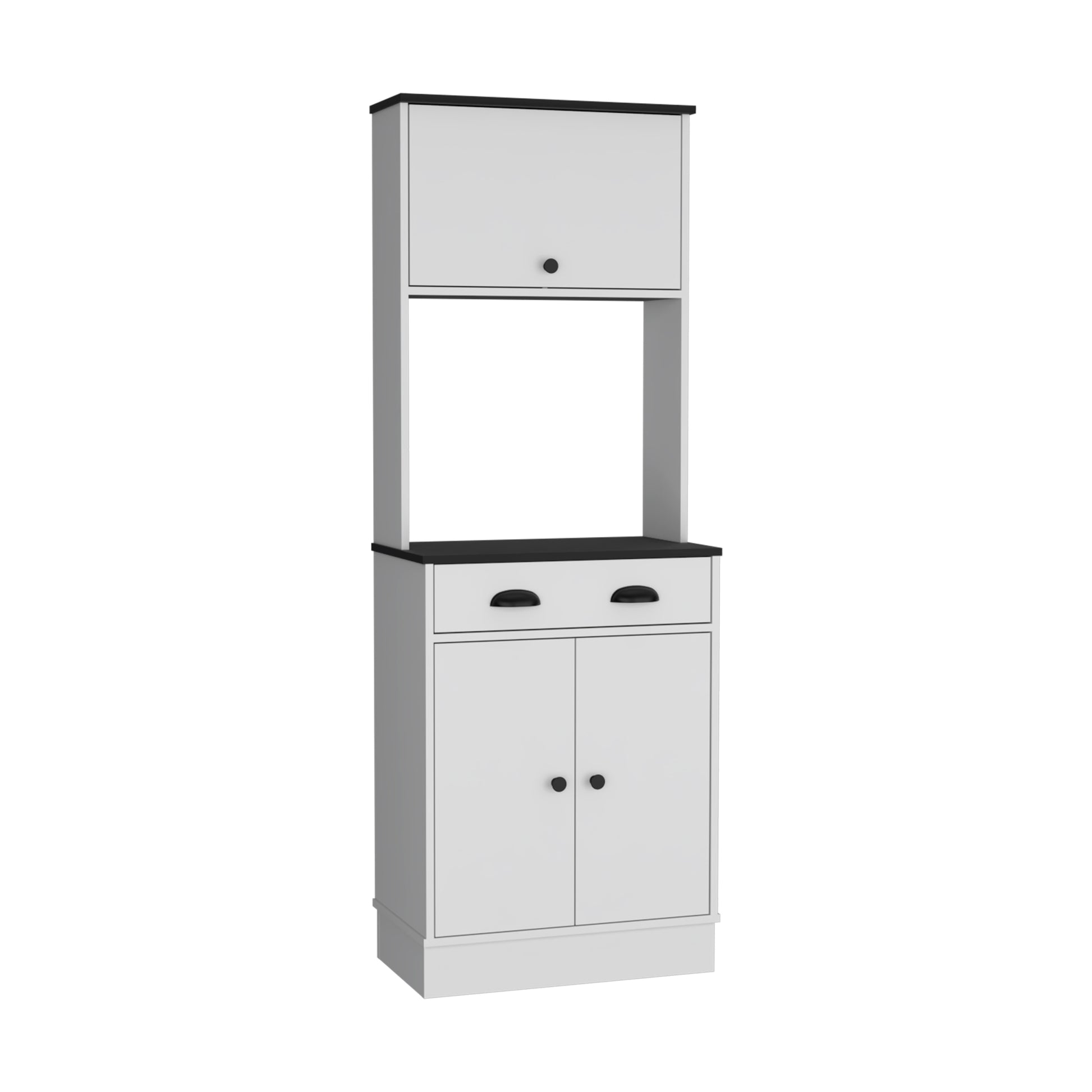 Apex Kitchen Pantry 66.3" H With Drawer, 2 Cabinets, And Microwave Stand, White Black White Black Solid Wood Mdf Engineered Wood