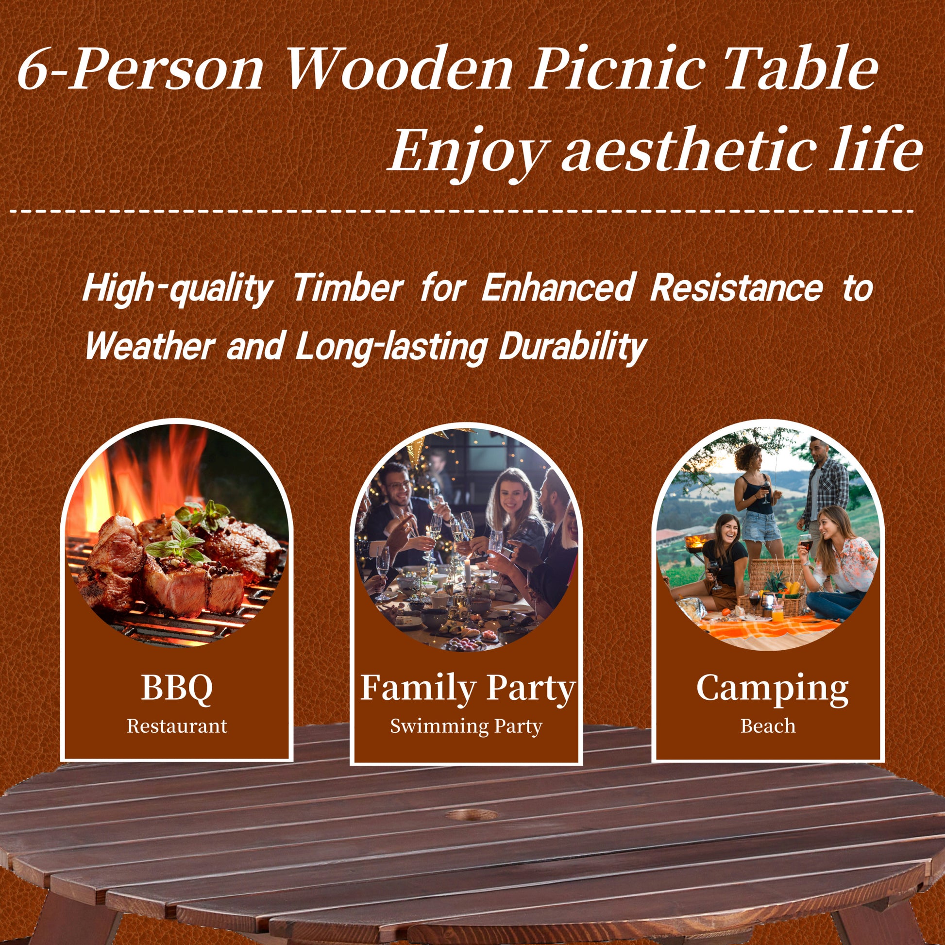 Outdoor 6 Person Picnic Table, 6 Person Round Picnic Table With 3 Built In Benches, Umbrella Hole, Outside Table And Bench Set For Garden, Backyard, Porch, Patio, Brown Brown Wood Metal