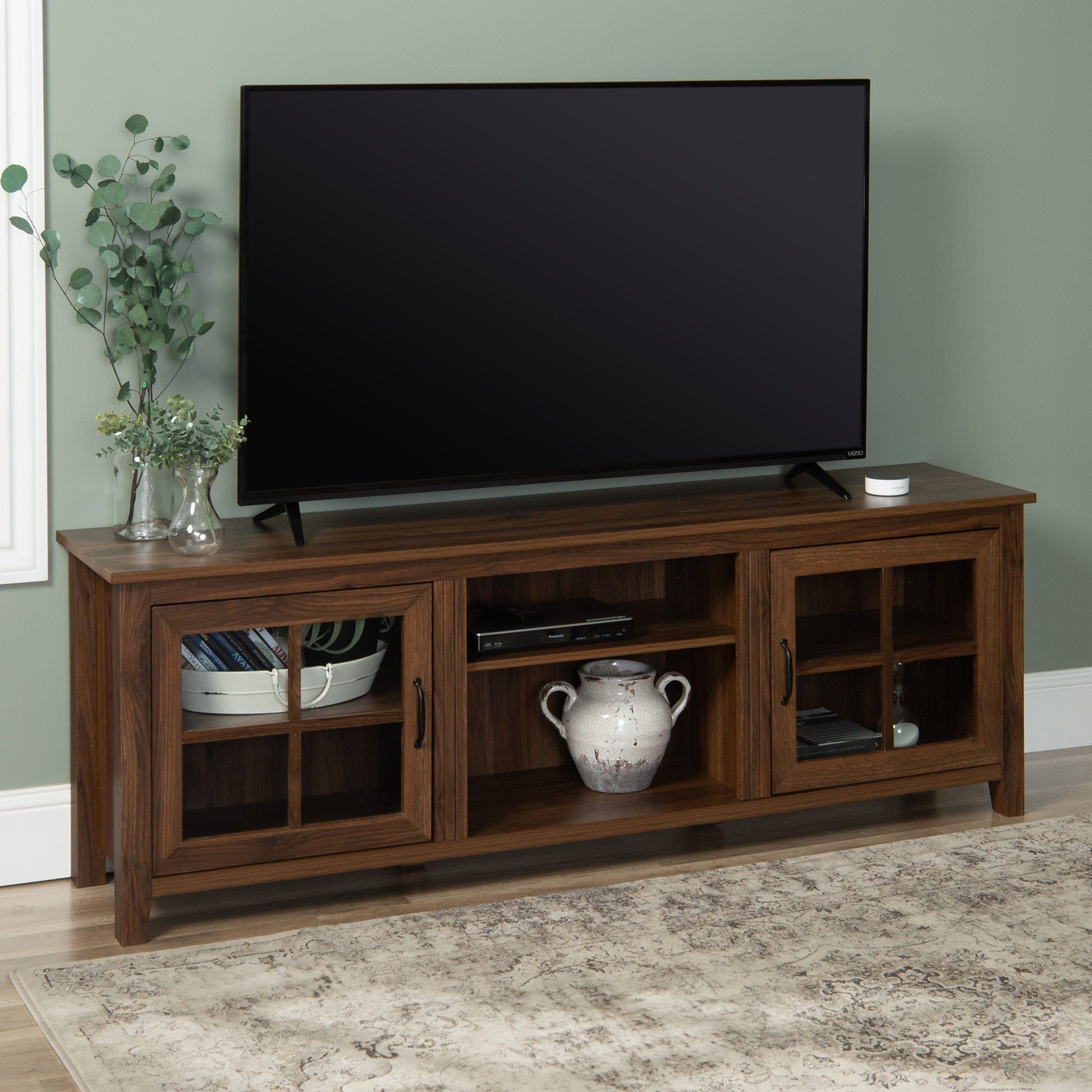 Modern Farmhouse 2 Door Glass Windowpane 70" Tv Stand For 80" Tvs Dark Walnut Dark Brown Mdf