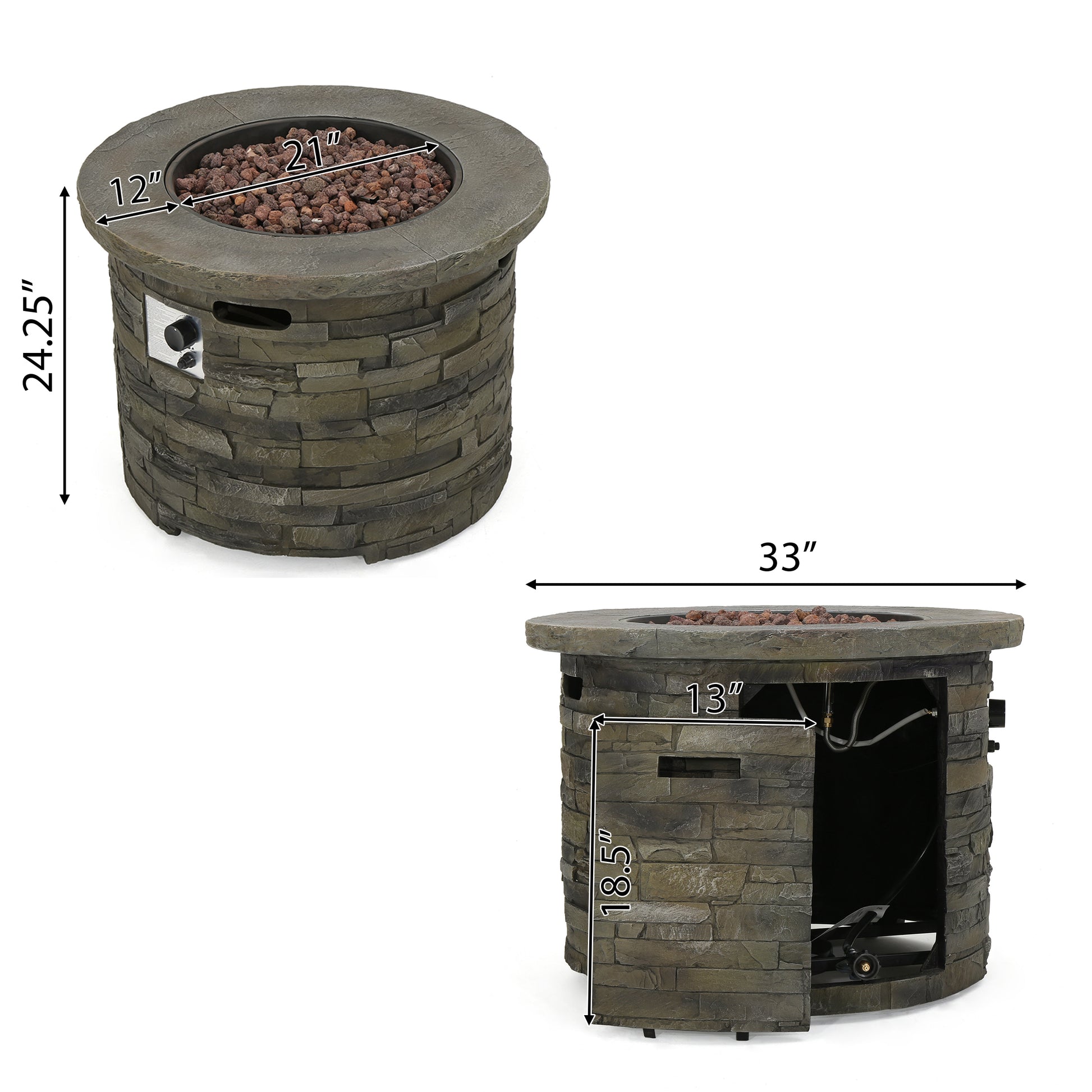 35" 40000 Btu Firepit Round Stone Gray Magnesium Oxide