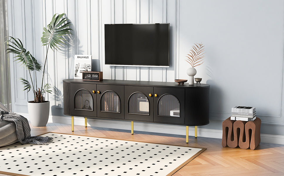 Modern Tv Stand For Tvs Up To 80 Inches, Entertainment Center With 4 Cabinets, Wood Media Console With Metal Legs And Handles For Living Room, Black Black 70 79 Inches Mdf