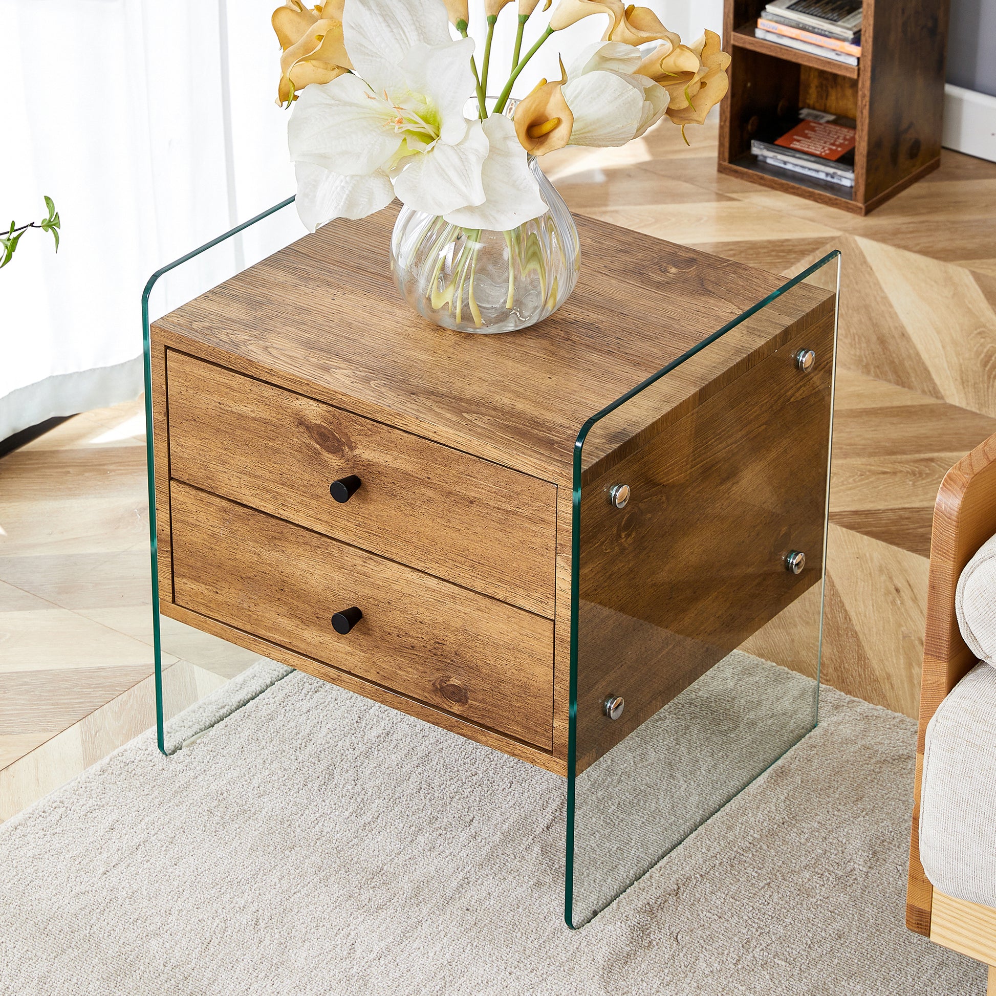 Double Drawer Bedside Table. The Board Surface Is Mdf Sticker, And Both Sides Are Transparent Tempered Glass. The Design Is Simple And Elegant, With Excellent Storage Functions. Wood 2 Drawers Mdf Glass