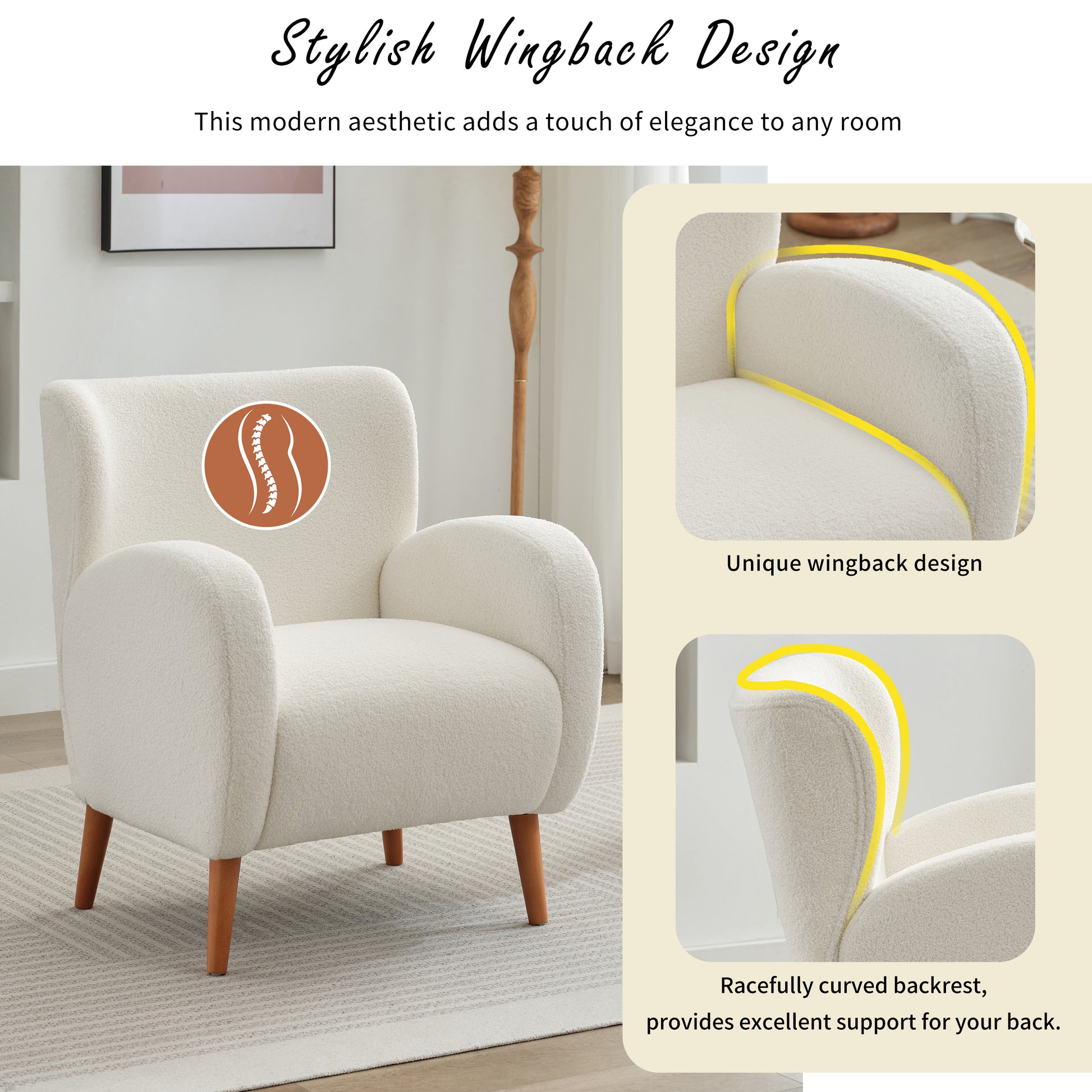 Mirod Modern Wing Back Lounge Chair Stylish Design, Soft Fabric, Solid Wood Legs, Easy Assembly, Durable Frame Beige Boucle