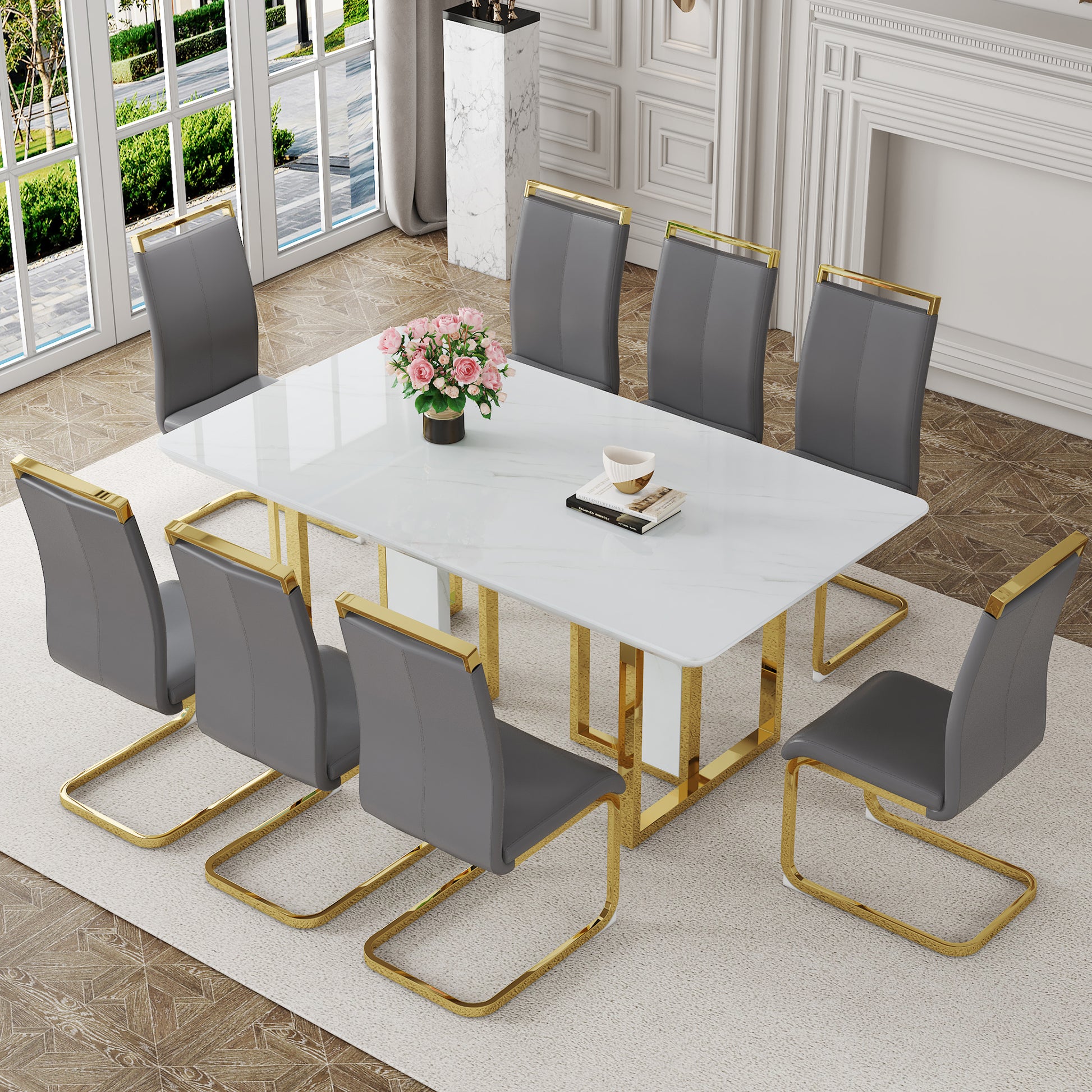 Table And Chair Set.67"X36" White Marble Pattern Mdf Dining Table Set With 8 Dark Gray Pu Chairs.Mdf Sticker,White Marble Pattern Sticker,Gold C Tube Chair Legs,Suitable For Kitchen,Dining Room,Etc.