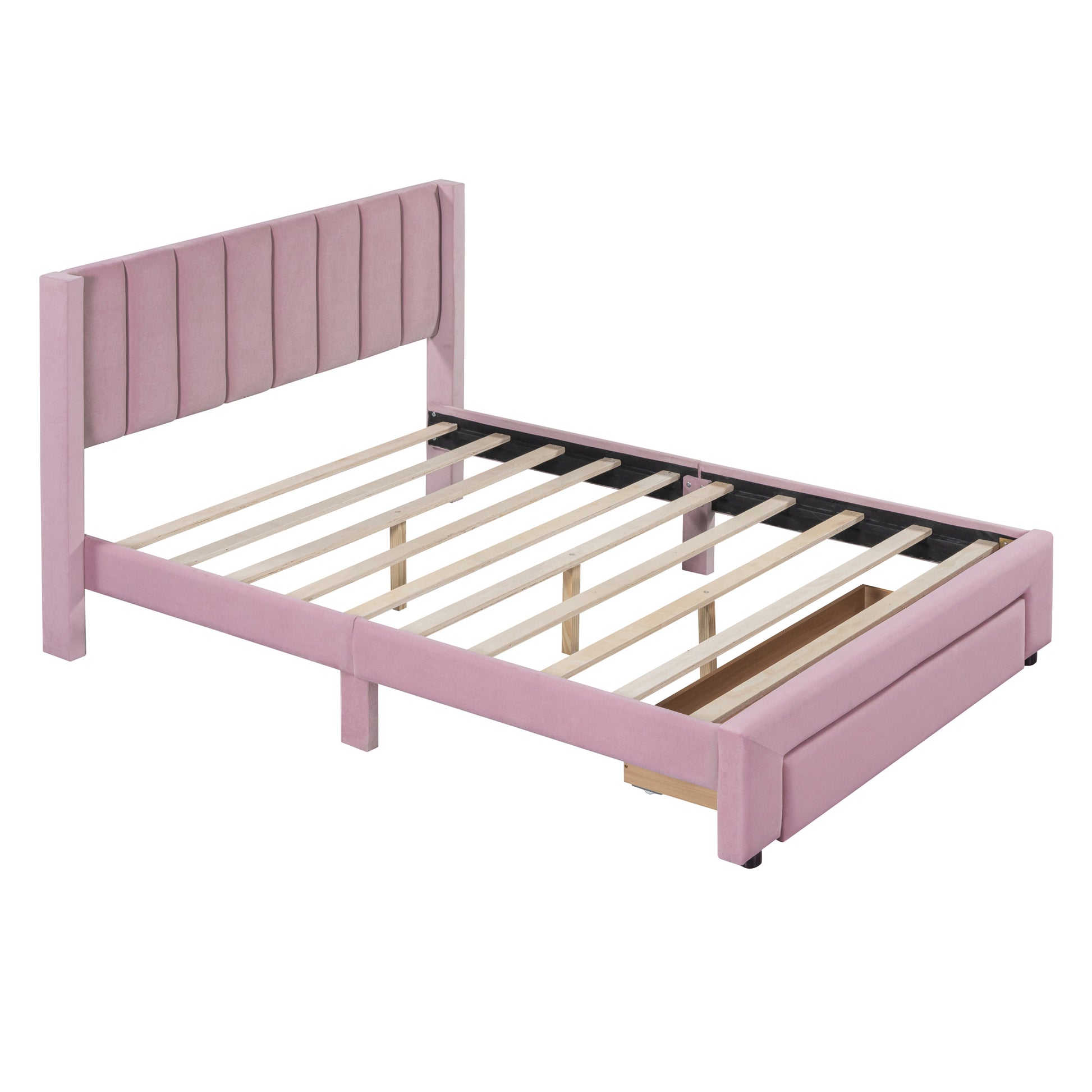 Full Size Storage Bed Velvet Upholstered Platform Bed With A Big Drawer Pink Old Sku:Wf296850Aah Full Pink Velvet