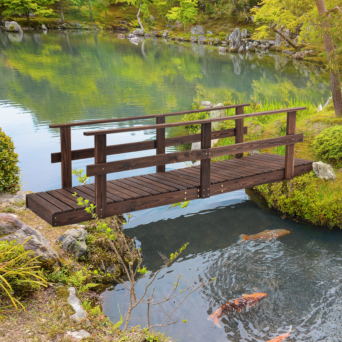 Outsunny 7' Wooden Garden Bridge With Safety Rails, Backyard Footbridge For Ponds, Creeks, Streams, Stained Finish Brown Wood