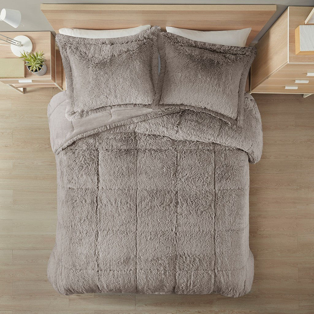 Shaggy Long Fur Comforter Mini Set Queen Grey Polyester