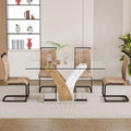 Table And Chair Set.Modern Dining Table, Tempered Glass Countertop With Artistic Mdf Legs.Paried With 4 Comfortable Chairs With Pu Seats And Metal Legs. Suitable For Various Decoration Styles. Black Brown,Transparent Seats 4 Mdf Metal