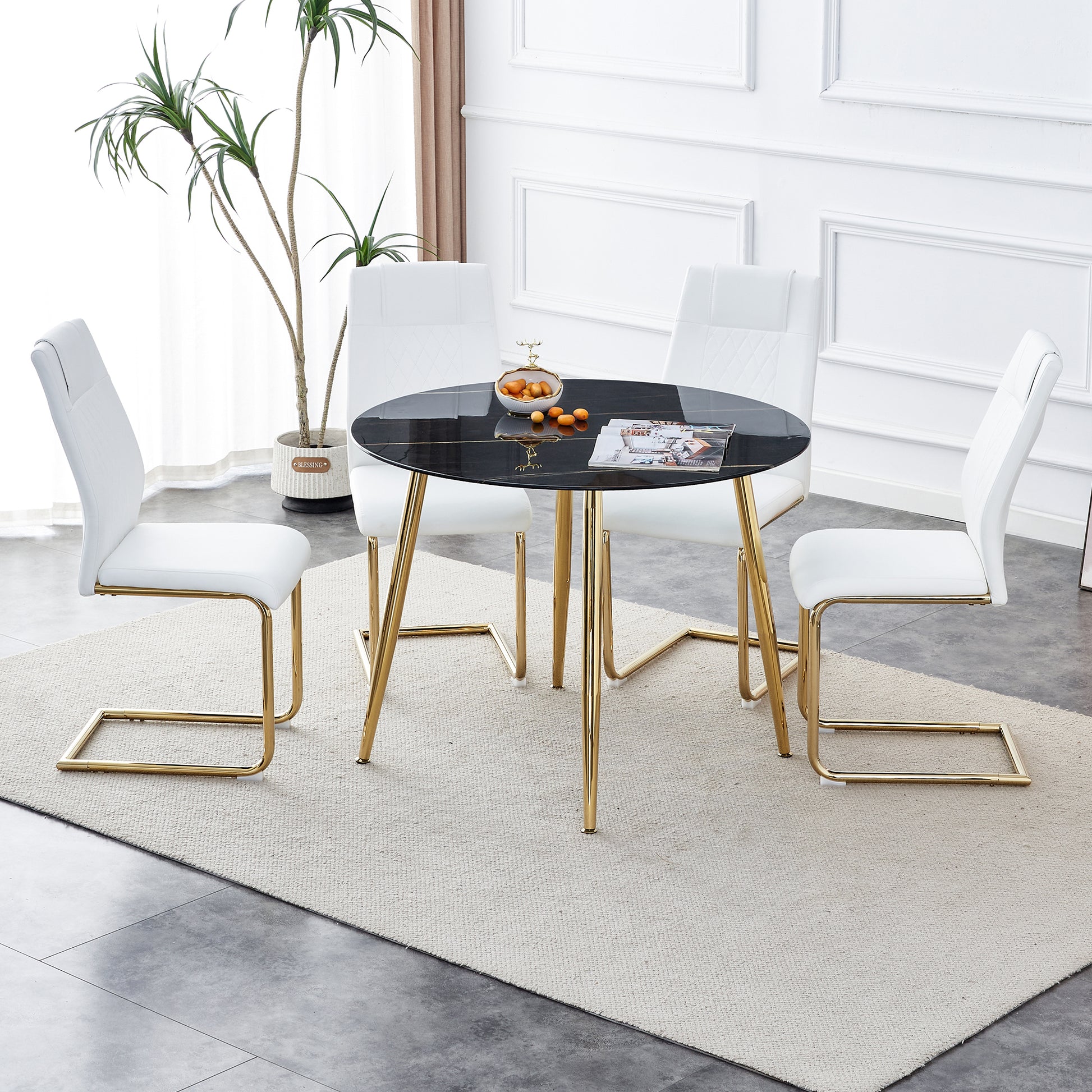 1 Table And 4 Chairs, A Modern Minimalist Circular Dining Table With A 40 Inch Black Imitation Marble Tabletop And Gold Plated Metal Legs, And 4 Modern Gold Plated Metal Leg Chairs. Black Gold Seats 4 Glass