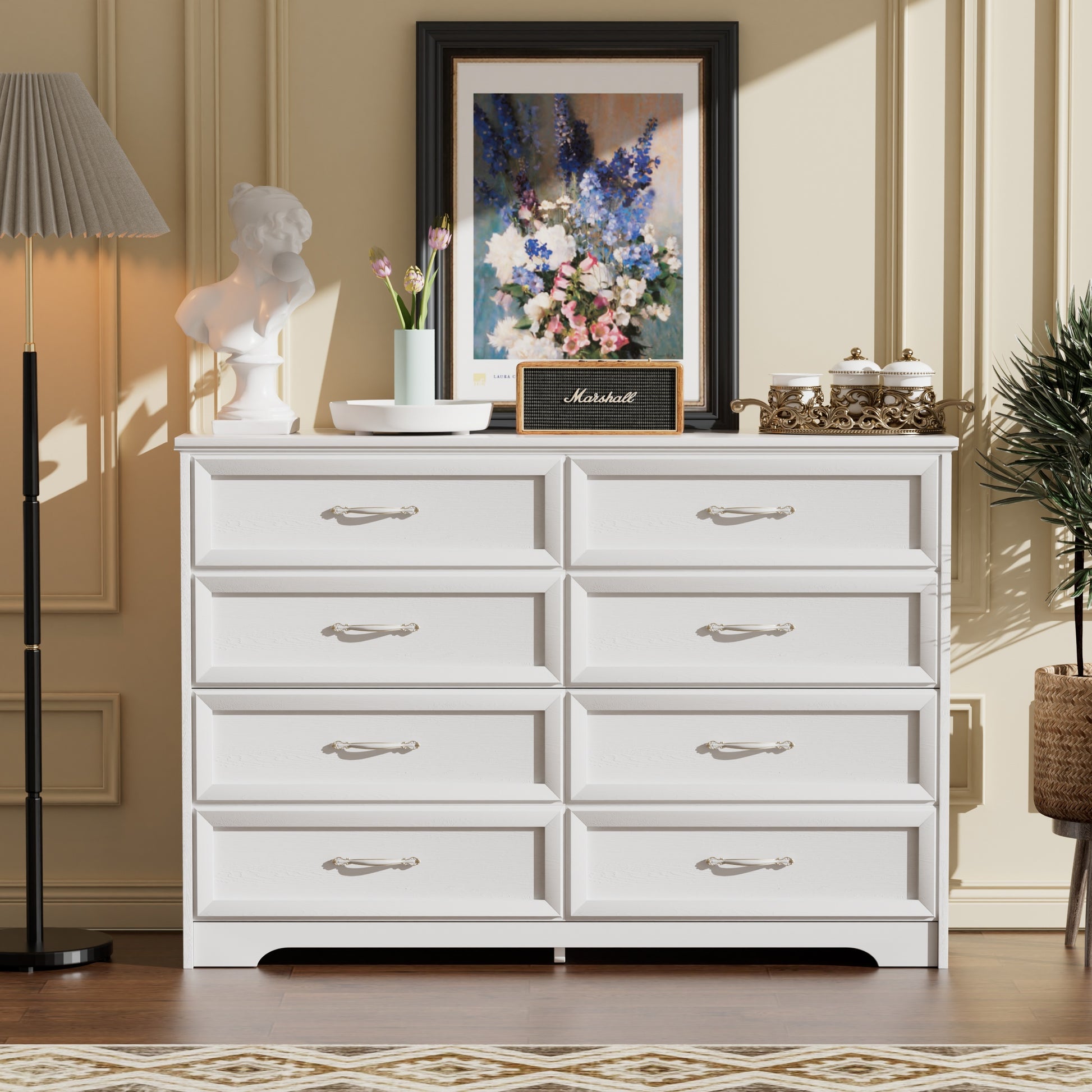 Modern 3 Drawer Bedroom Chest Of Drawers With 8 Drawers Dresser, Clothes Organizer Metal Pulls For Living Room, Bedroom, Hallway, White, 47.6 L X 15.7 W X 36.7 H 5 Or More Drawers White White Drawers Included Particle Board Mdf