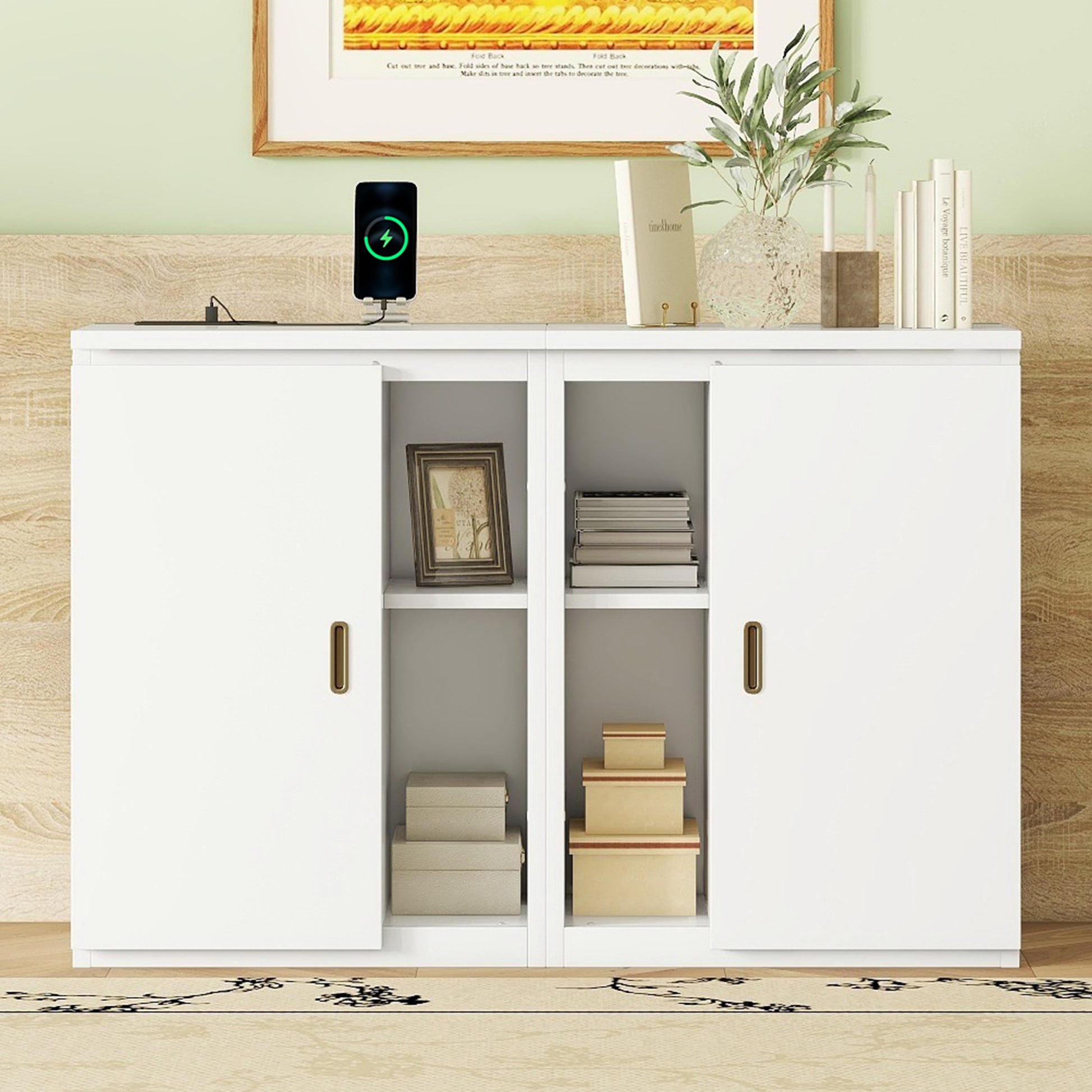 Full Size Murphy Bed With Shelves, Cabinets And Usb Ports,White White Mdf Lvl