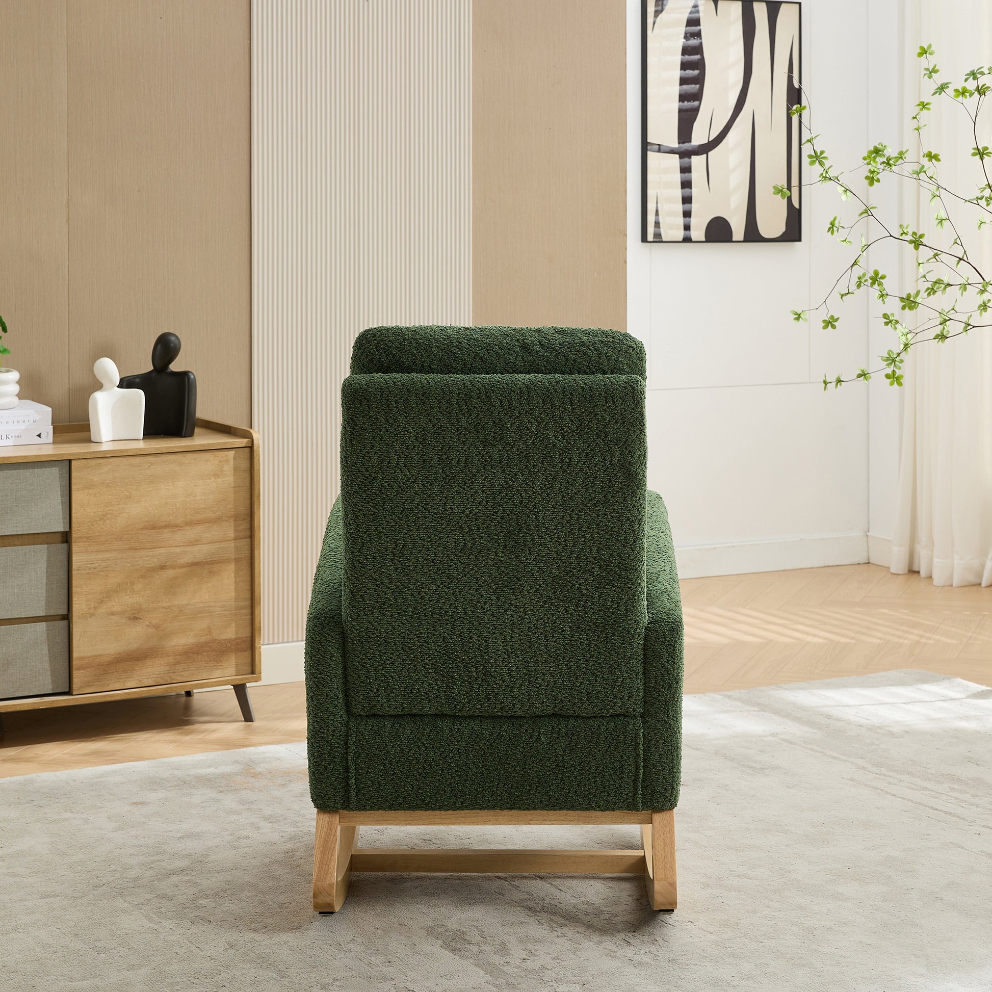 25.4"W Rocking Chair For Nursery, High Back Glider Chair With Retractable Footrest, Side Pocket, Rocking Accent Armchair With Rubber Wood Legs For Living Room Bedroom.Green Green Boucle