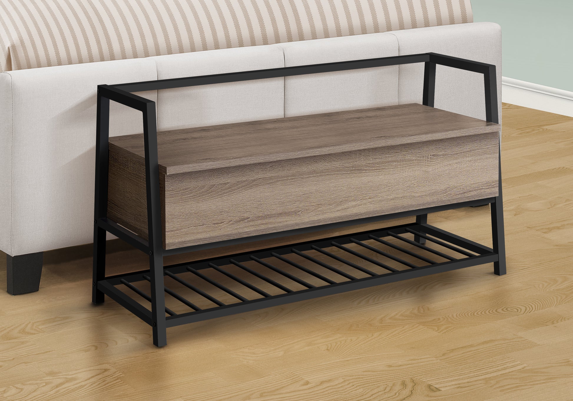 Bench, Entryway, Hallway, Storage, 42" Rectangular, Brown Laminate, Black Metal, Contemporary, Modern Taupe Mdf