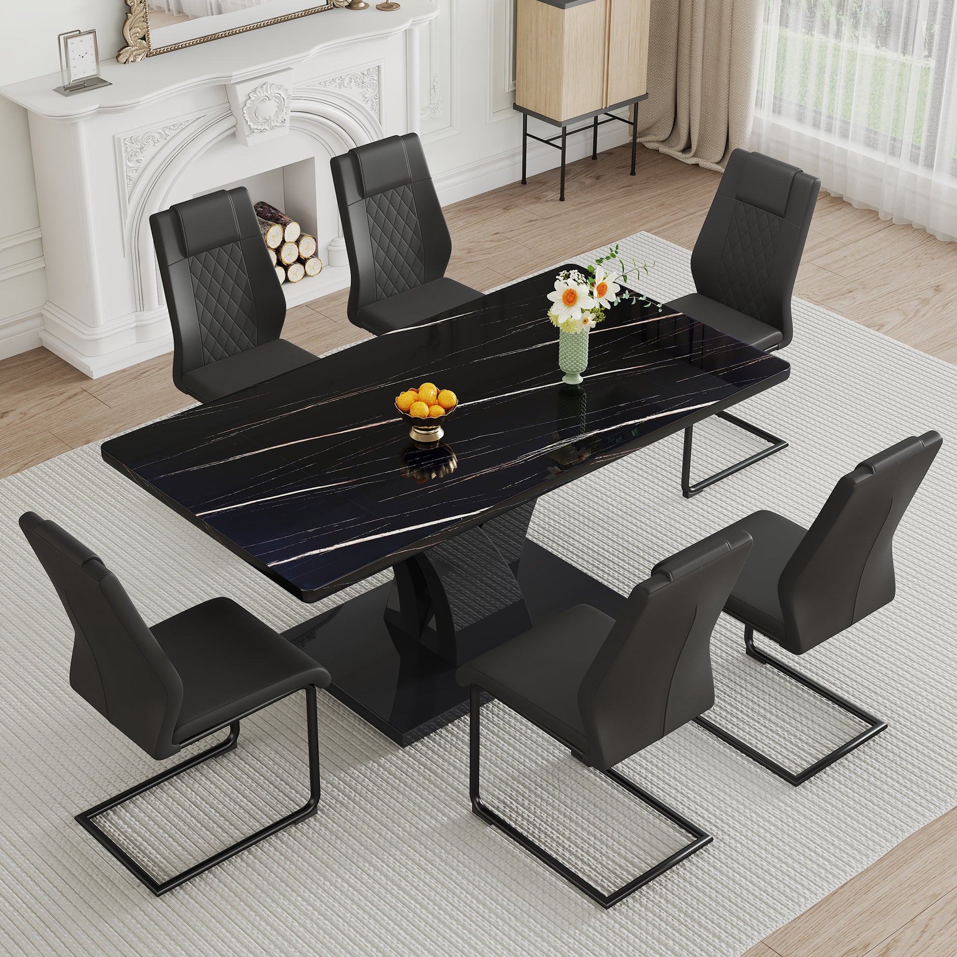 Modern Dining Table, Black Desktop And Black Mdf Leg Dining Table Are The Perfect Choice For Dinner, Conference, Home And Office Decoration F 790 Black Mdf