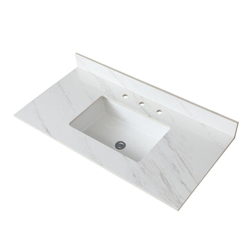 43 Inch Marble Vanity Top, White Vanity Top With Pre Drilled Faucet Holes, Bathroom Vanity Top With Undermount Rectangular Middle Sink And 4" Height Backsplash, Bianco Carrara Venato White Bathroom Sintered Stone