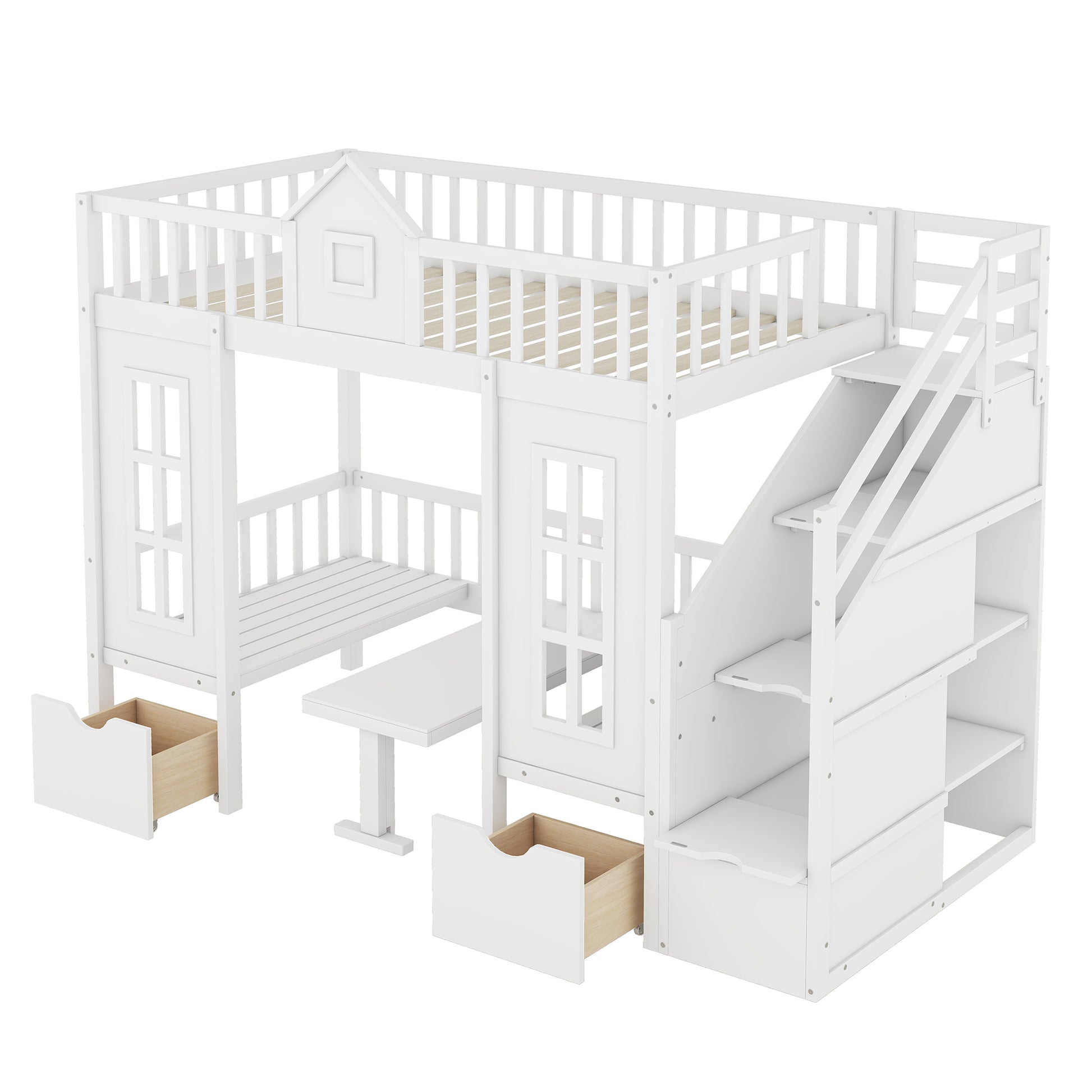 Twin Over Twin Bunk Bed With Changeable Table, Bunk Bed Turn Into Upper Bed And Down Desk White Twin White Solid Wood
