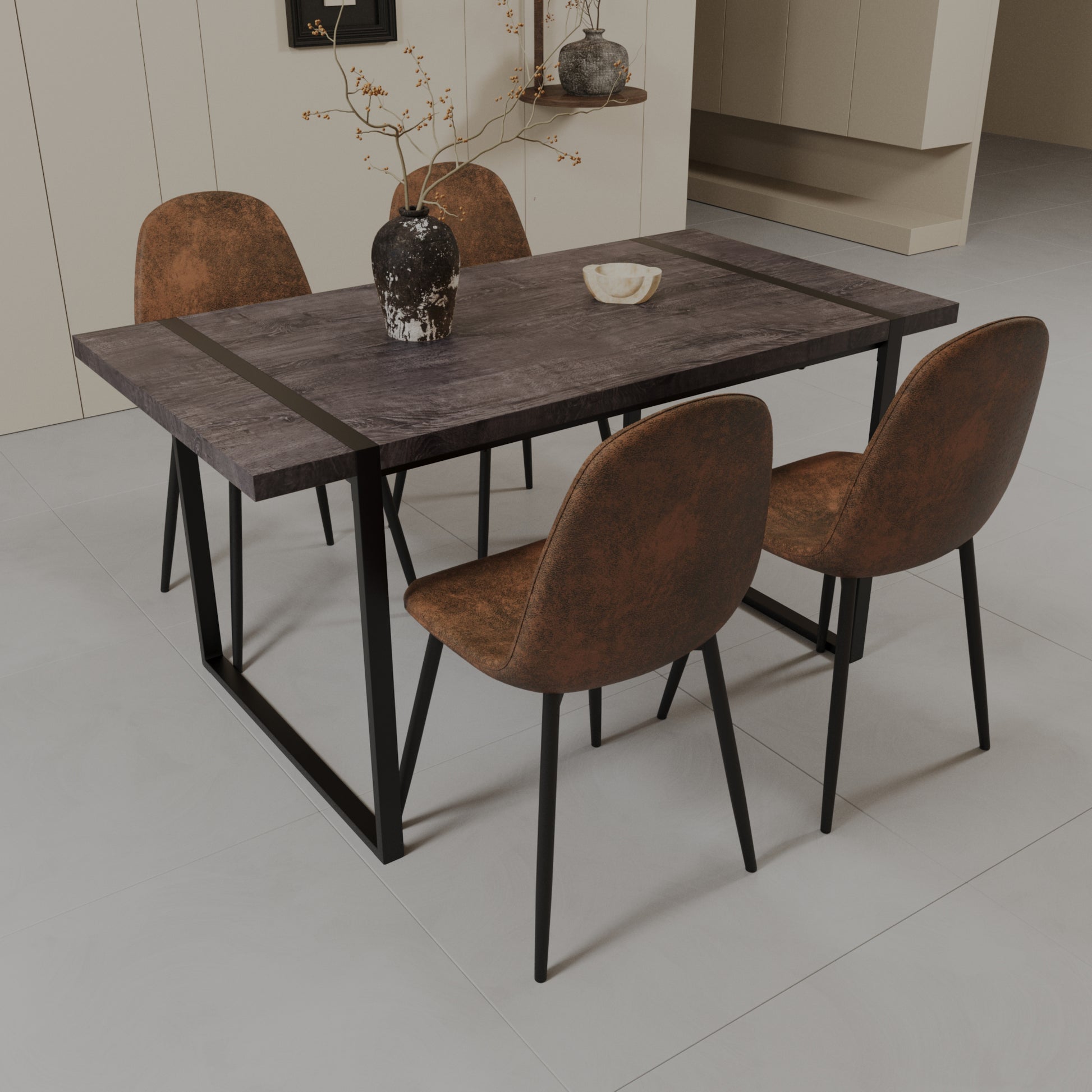 Mdf Black Wooden Dining Table And Modern Dining Chair Set Of 4 Pieces, Medieval Wooden Kitchen Dining Table Set, Black Rectangular Metal Base, Dining Table And Suede Chair Set Black Brown Mdf