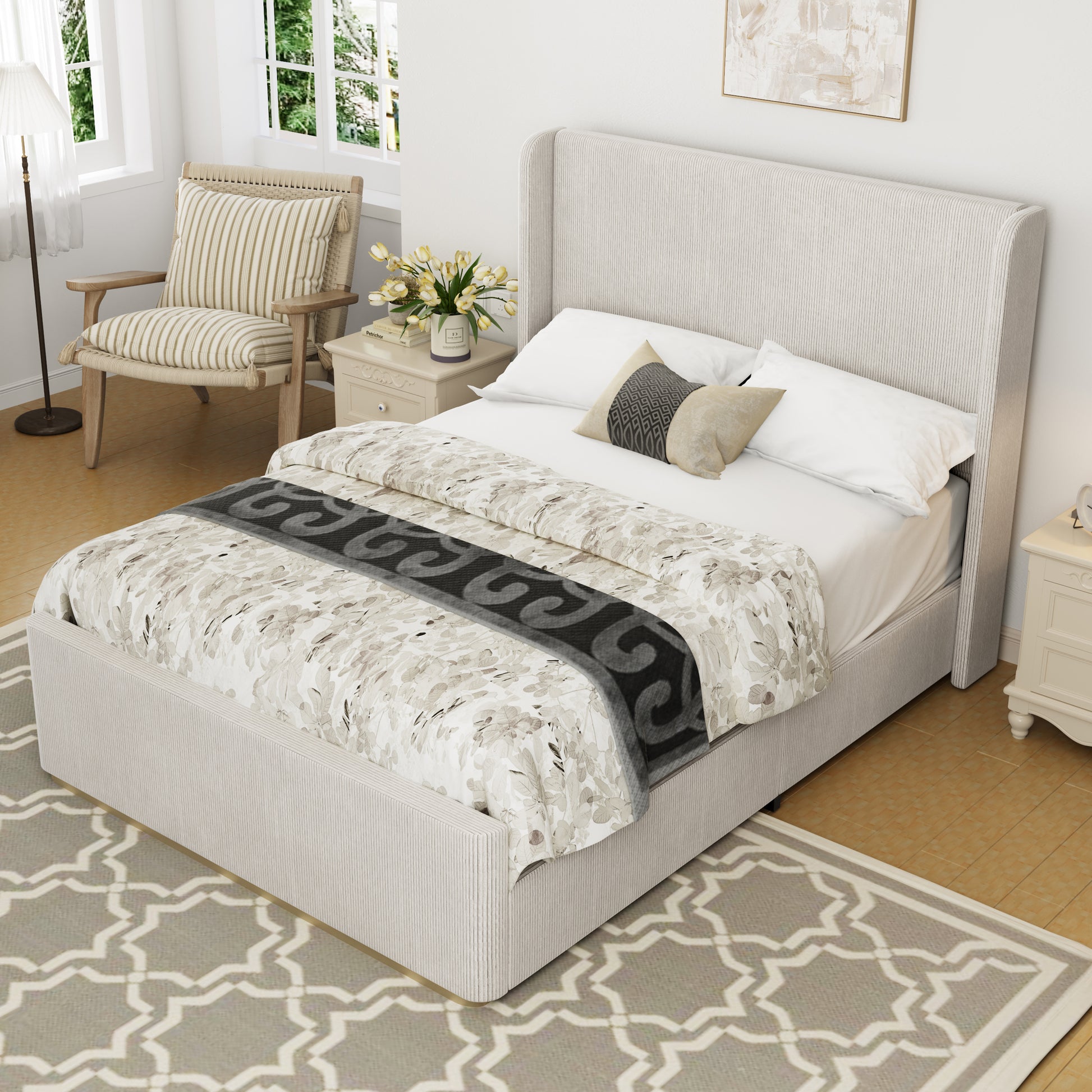 King Size Corduroy Upholstered Bed Frame With Vertical Stripe Wingback Headboard And High Footboard, Light Grey Light Grey Wood