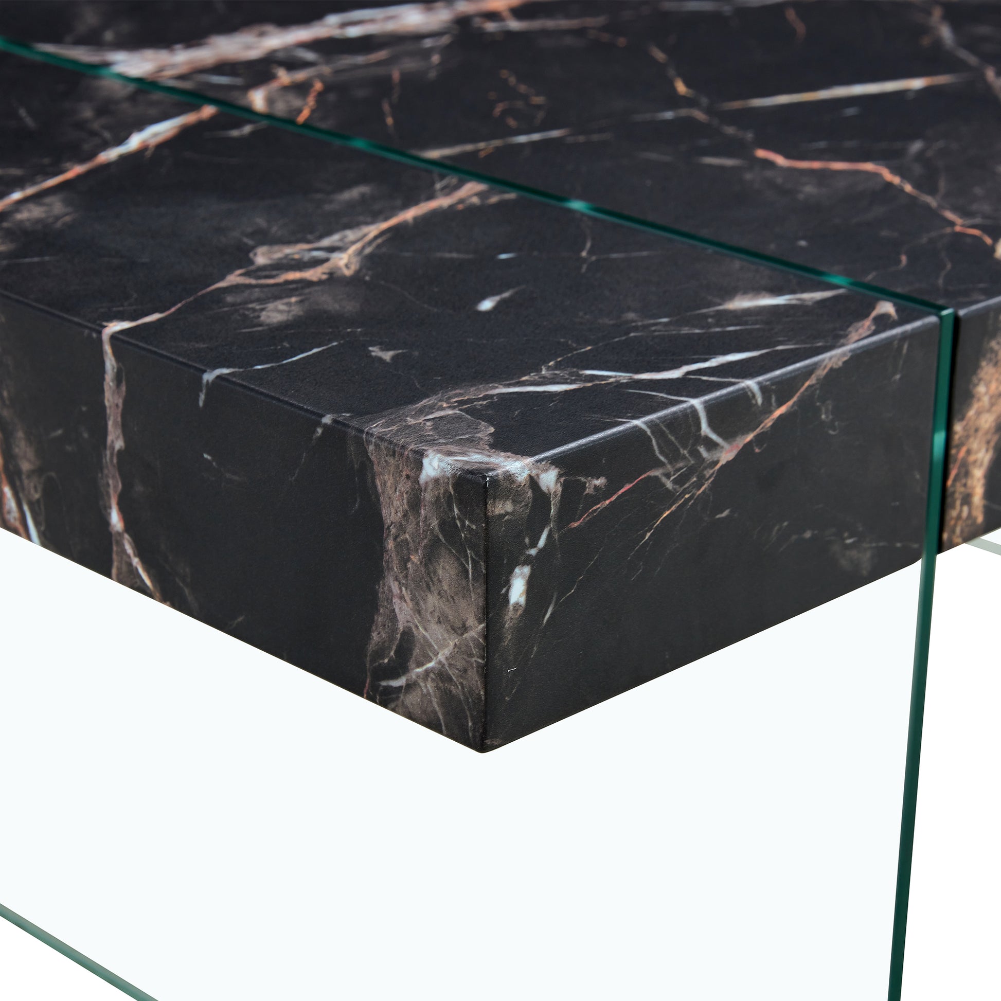 43.3"X23.6" Black Marble Patterned Mdf Coffee Table With Tempered Glass Legs.Suitable For Living Room.It Can Be Used Not Only As A Coffee Table But Also As A Side Table Or Display Stand.