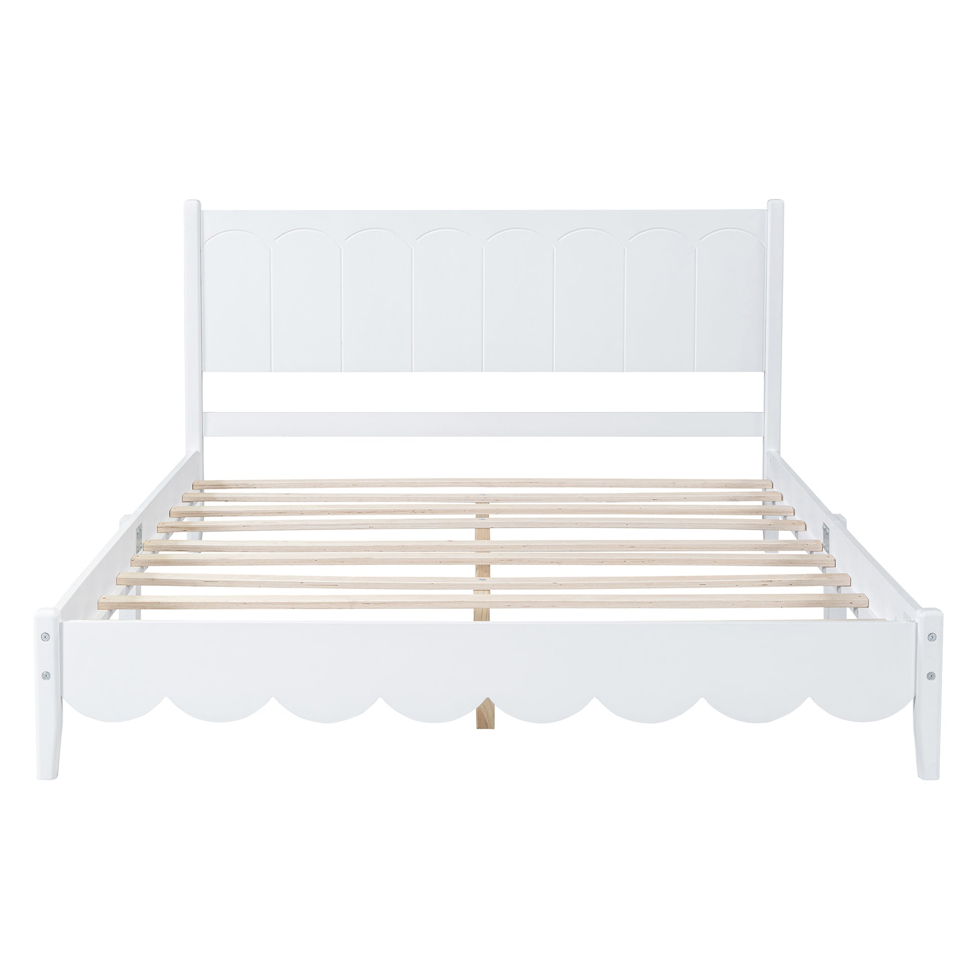 Queen Size Wood Platform Bed Frame, Retro Style Bed With Rectangular Headboard,No Need Box Spring,White Queen White Wood