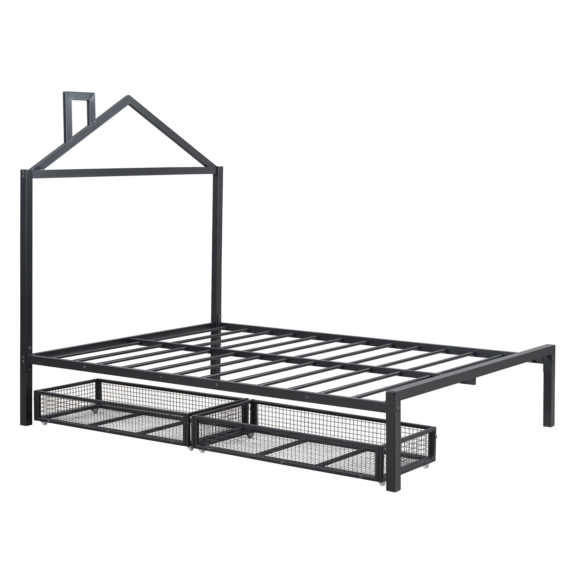 Full Size Metal Platform Bed With Two Drawers,House Shaped Headboard Design, Black Full Black Metal