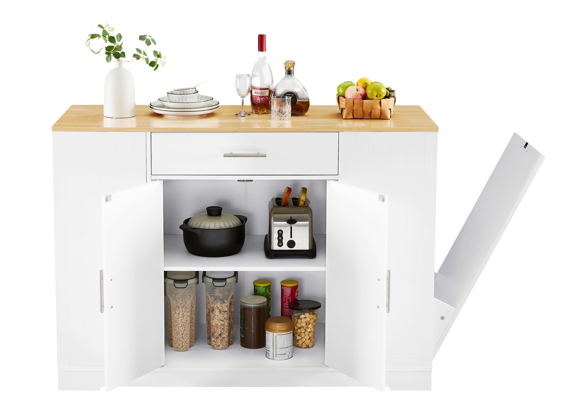 53 Inch Large Kitchen Island With Trash Can Storage Cabinet, Islands Table With Drawer And Adjustable Shelves, Breakfast Bar Cabinet For 13 Gallon Garbage Bin, White & Oak White Particle Board