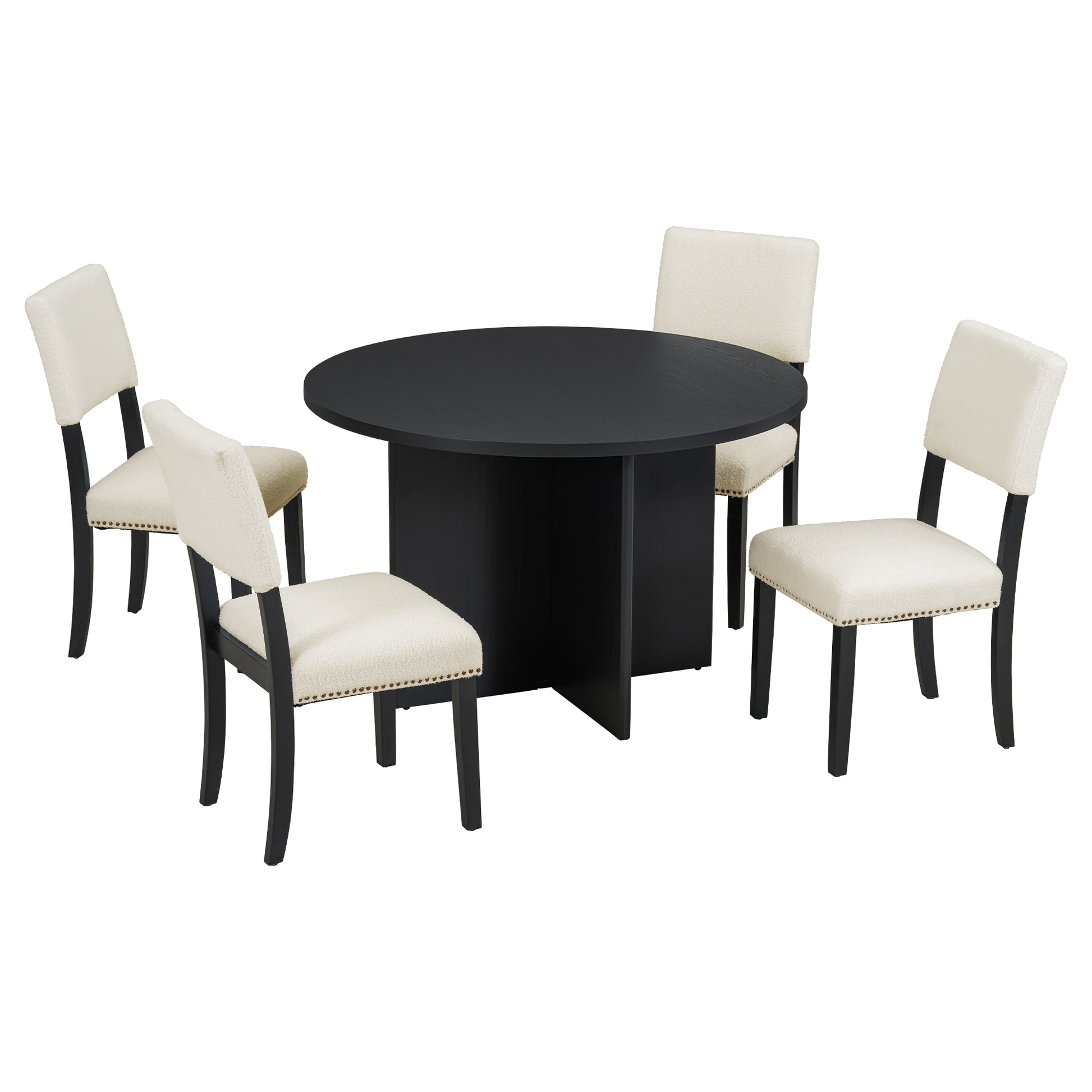 Modern 5 Piece Round Dining Table Set Pedestal Kitchen Table Set With 4 Upholstered Dining Chairs For Studio, Apartment, Small Places, Black Wood Dining Room Solid Wood Rubberwood Round Dining Table With Chair Wood Wood Black Solid Back Seats 4 Farmhouse