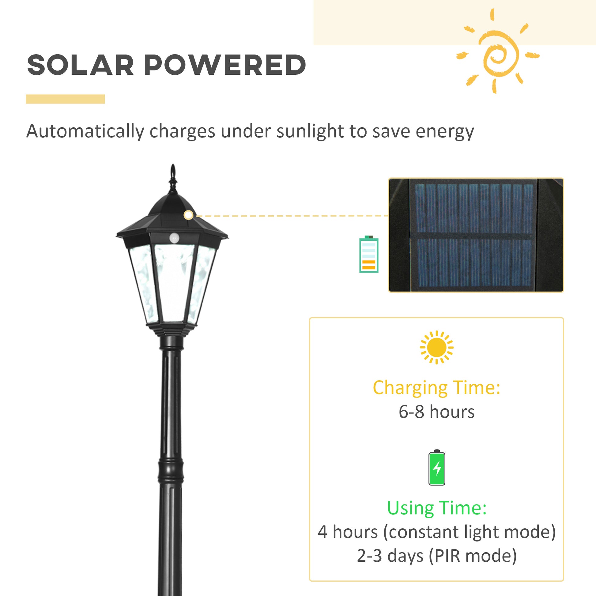 Outsunny 94.5" Solar Lamp Post Light, Dusk To Dawn Vintage Style Street Light, Aluminum Solar Powdered Lamp, Pir Motion Sensor For Garden, Lawn, Pathway, Driveway, Black Black Aluminum