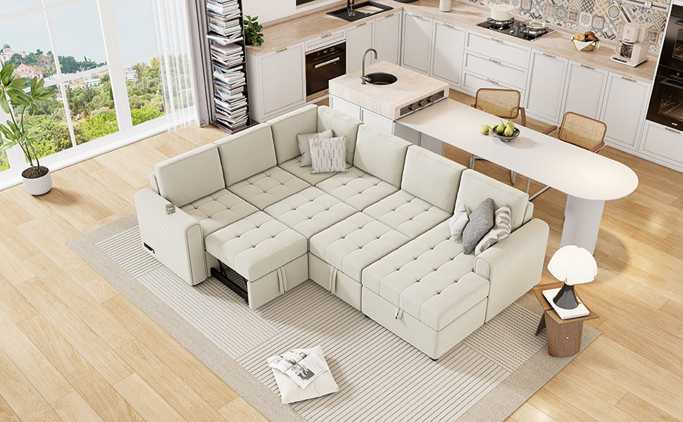 107.5" U Shaped Sofa Sectional Sofa Pull Out Sofa Bed With A Storage Chaise Lounge, Charging Devices For Living Room, Beige Beige Foam Corduroy 5 Seat