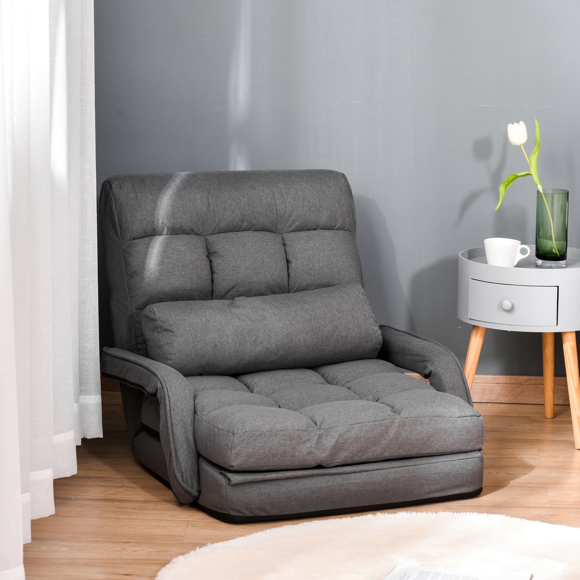 Homcom Convertible Floor Sofa Bed, Recliner Armchair Upholstered Sleeper Chair With Pillow For Living Room Bedroom Lounge, Grey Grey Polyester