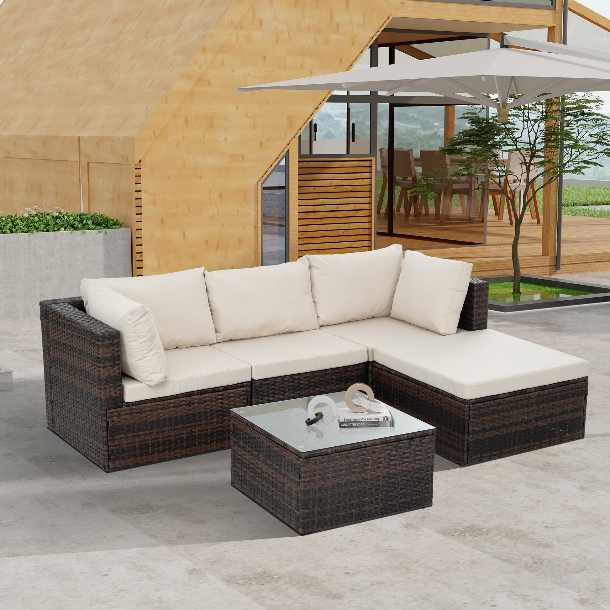 Patio Furniture, Outdoor Furniture, Seasonal Pe Wicker Furniture, 5 Set Wicker Furniture With Tempered Glass Coffee Table Brown Seats 4 Pe Rattan Iron Waterproof Fabric