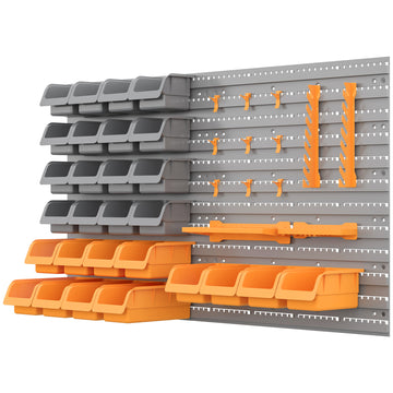 Durhand 44 Piece Wall Mounted Pegboard Tool Organizer Rack Kit With Various Sized Storage Bins, Pegboard, & Hooks, Orange Orange Plastic