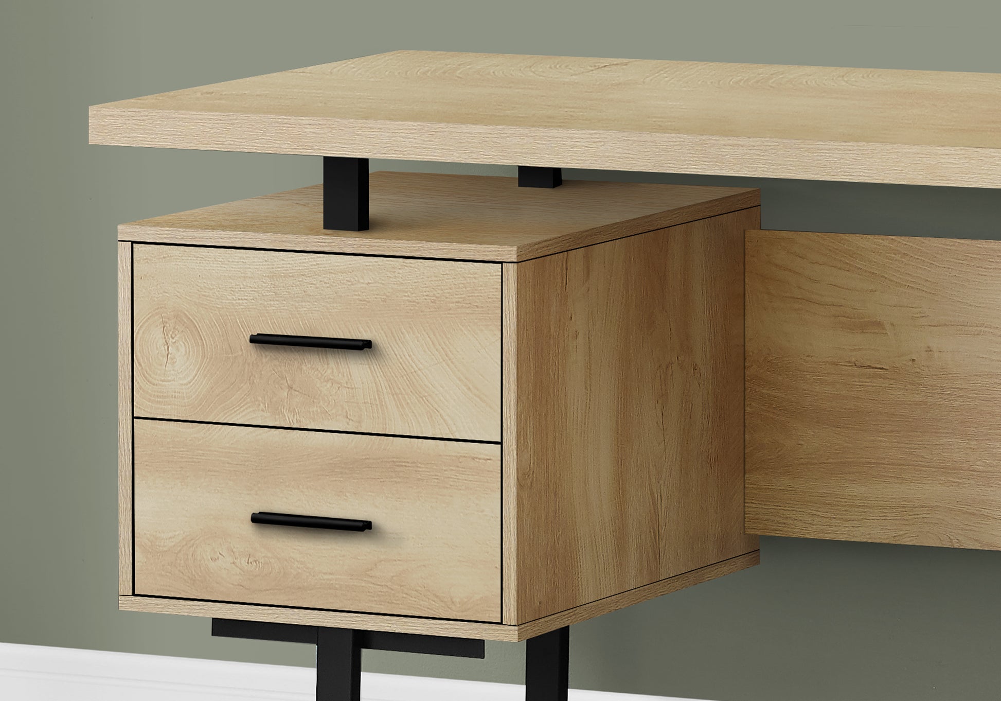 Computer Desk, Home Office, Laptop, Left, Right Set Up, Storage Drawers, 60"L, Work, Natural Laminate, Black Metal, Contemporary, Modern Natural Particle Board