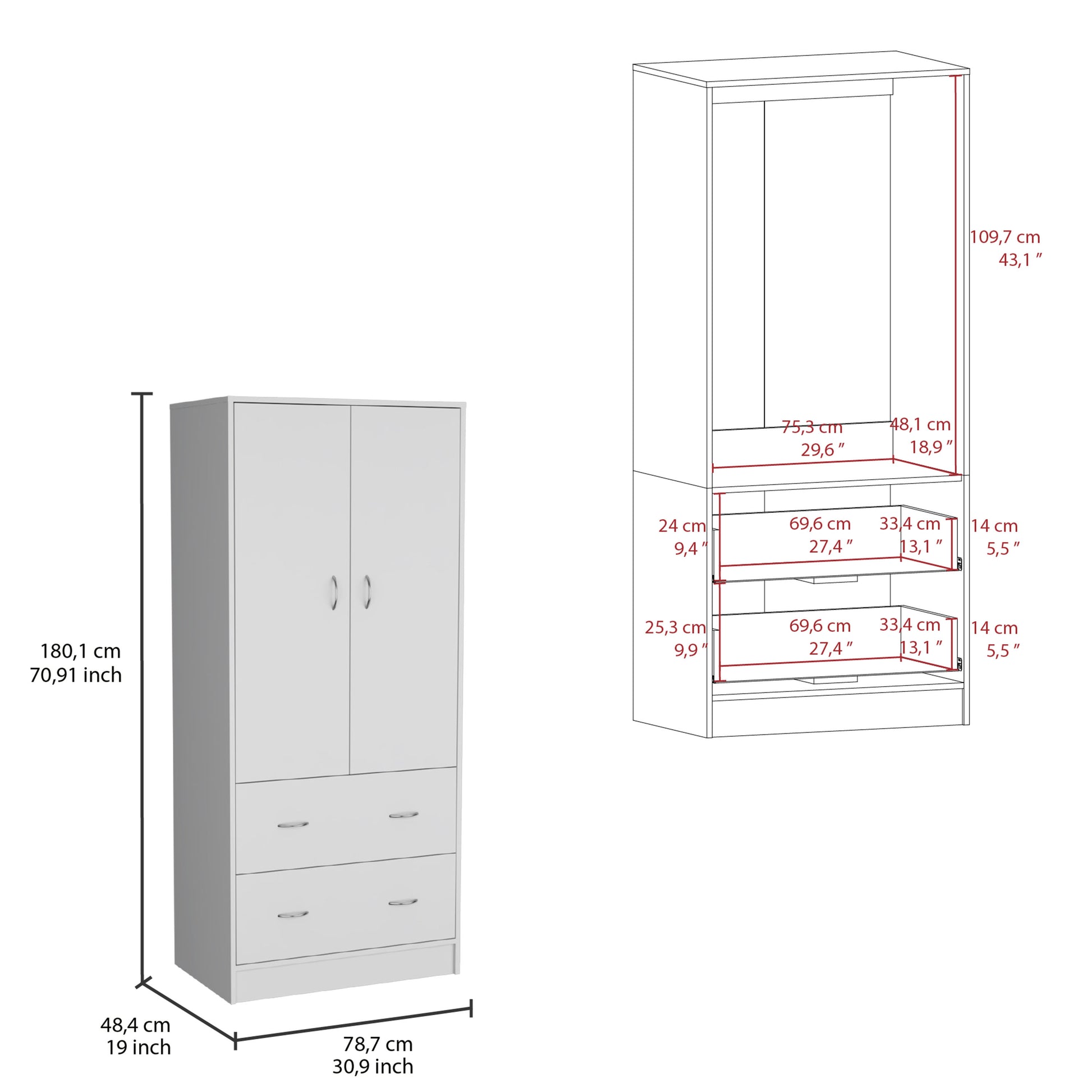 Taly 2 Doors 2 Drawers Armoire White White Bedroom Modern Particle Board