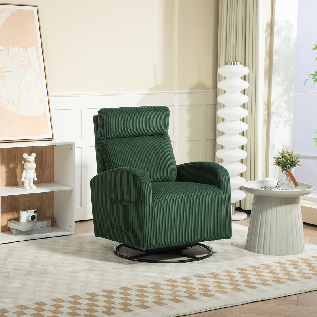 Jiada Upholstered Swivel Glider.Flannel Fabric.Rocking Chair For Nursery In Dark Green.Modern Style One Left Bag Dark Green Primary Living Space Foam Fabric Metal