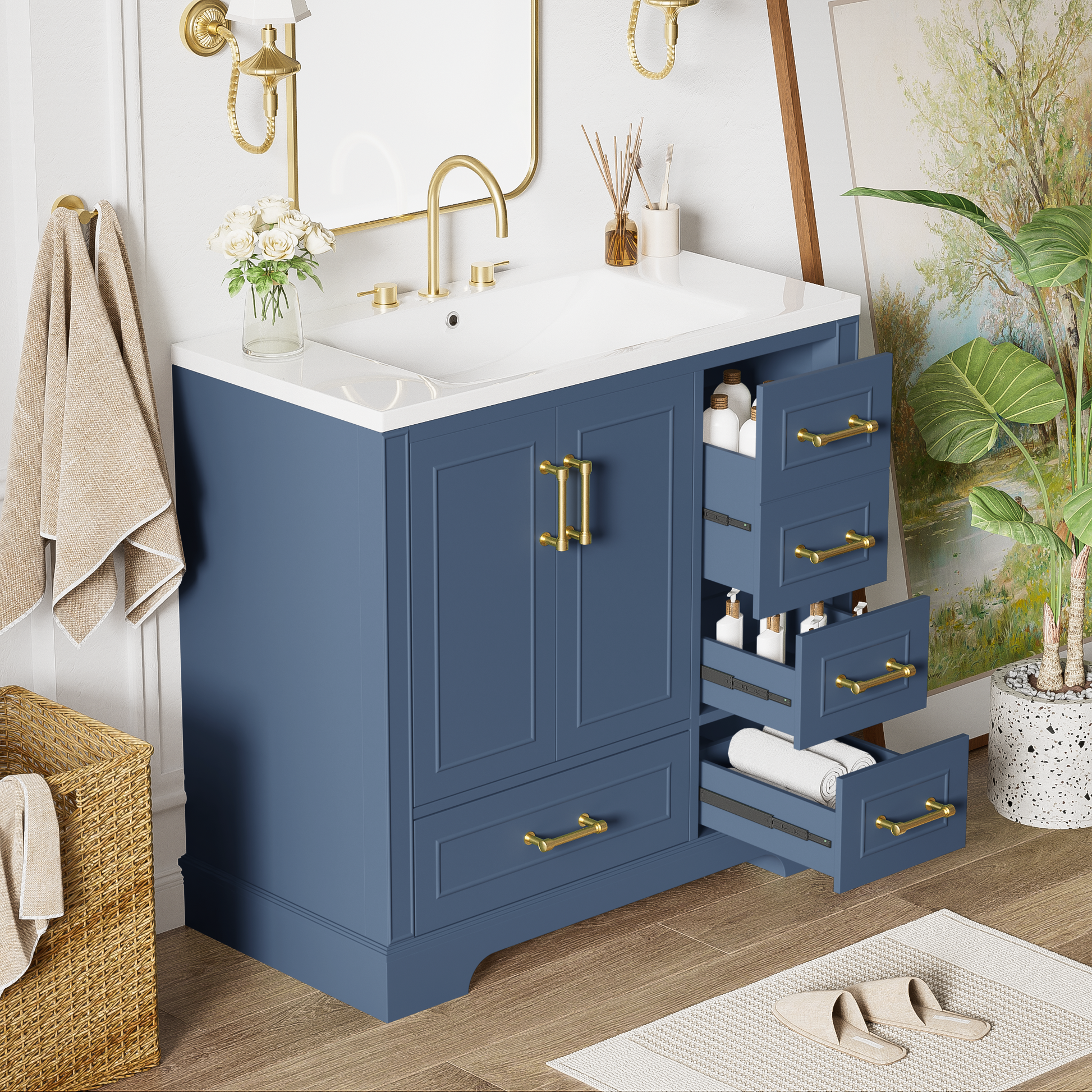 36 Inch Traditional Bathroom Vanity With Resin Sink Combo Set, Blue Bathroom Cabinet With Two Doors And Four Drawers Blue Bathroom Solid Wood Mdf Resin