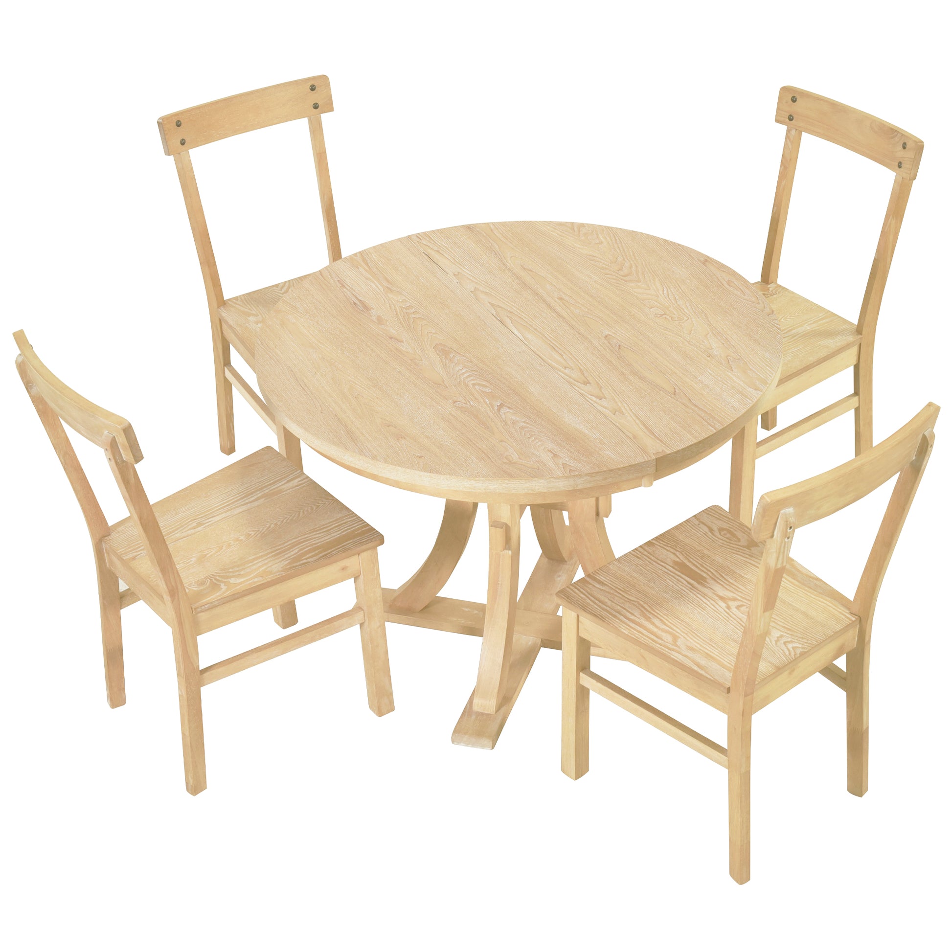 5 Piece Rustic Round Pedestal Extendable Dining Table Set With 15.7" Removable Leaf And Simple Dining Chirs For Small Places, Natural Wood Dining Room Extendable Rubberwood Oval Dining Table With Chair Wood Wood Natural Seats 4 Removable Leaf Farmhouse