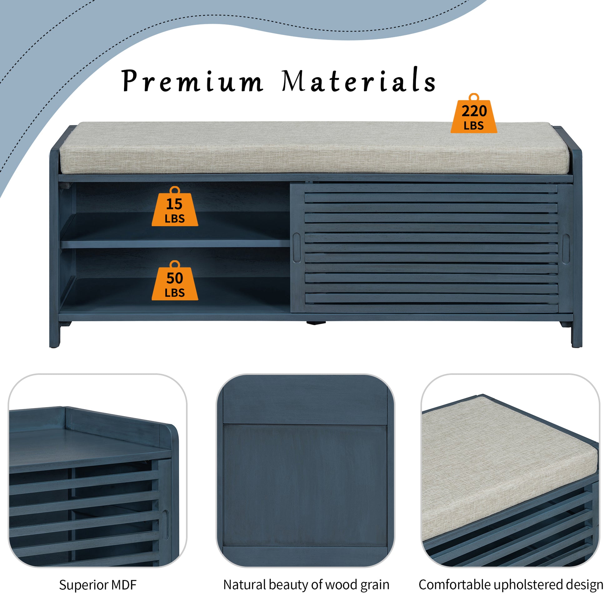 Distressed Shutter Storage Bench With Acacia Veneer For Retro Charm For Living Room, Entryway Navy Navy Mdf