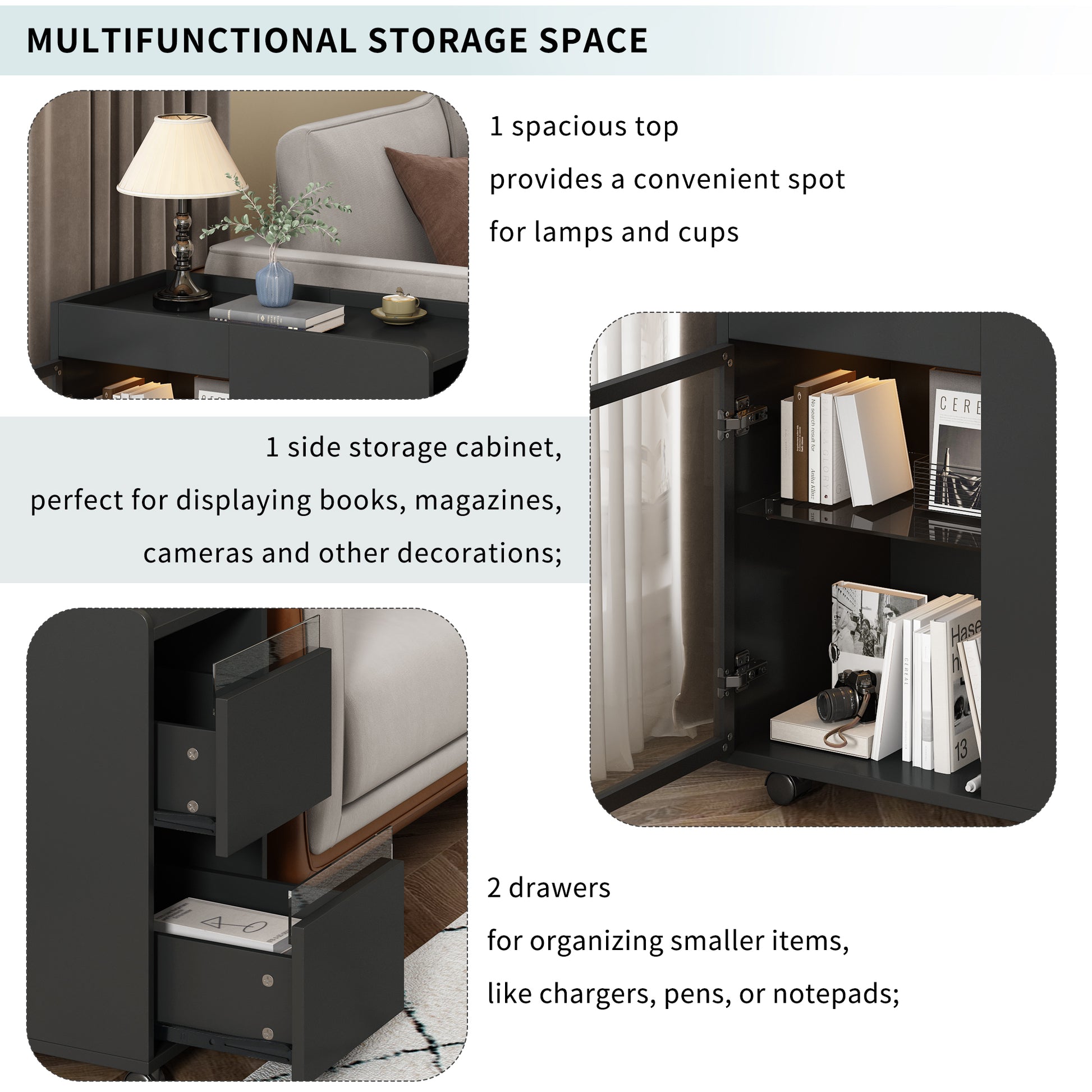 Modern End Table With Led Light And Wheels, Side Table With Transparent Brown Glass Door, 2 Storage Shelves And Drawers For Living Room, Black Black Mdf