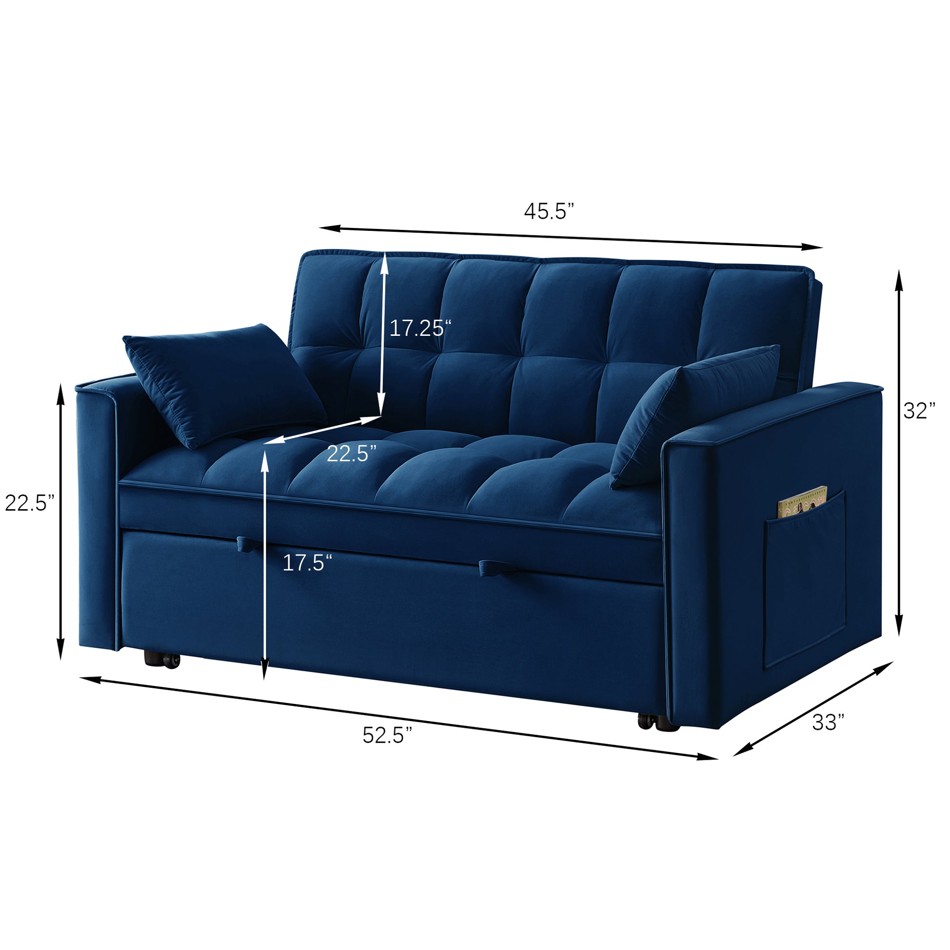 4 In1 Loveseat Sofa Bed With Armrests & Storage Pockets, Multi Function Tufted Pull Out Sofa Bed With Adjustable Backrest And Pillows, Convertible Loveseat Sofa Couch, Navy Navy Velvet Primary Living Space Medium Soft Tufted Back American