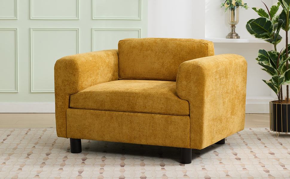 Modern Oversized Armchair Comfy Accent Chair Single Sofa For Living Room Bedroom Office Apartment, Woven Velvet Fabric, Yellow Yellow Wood