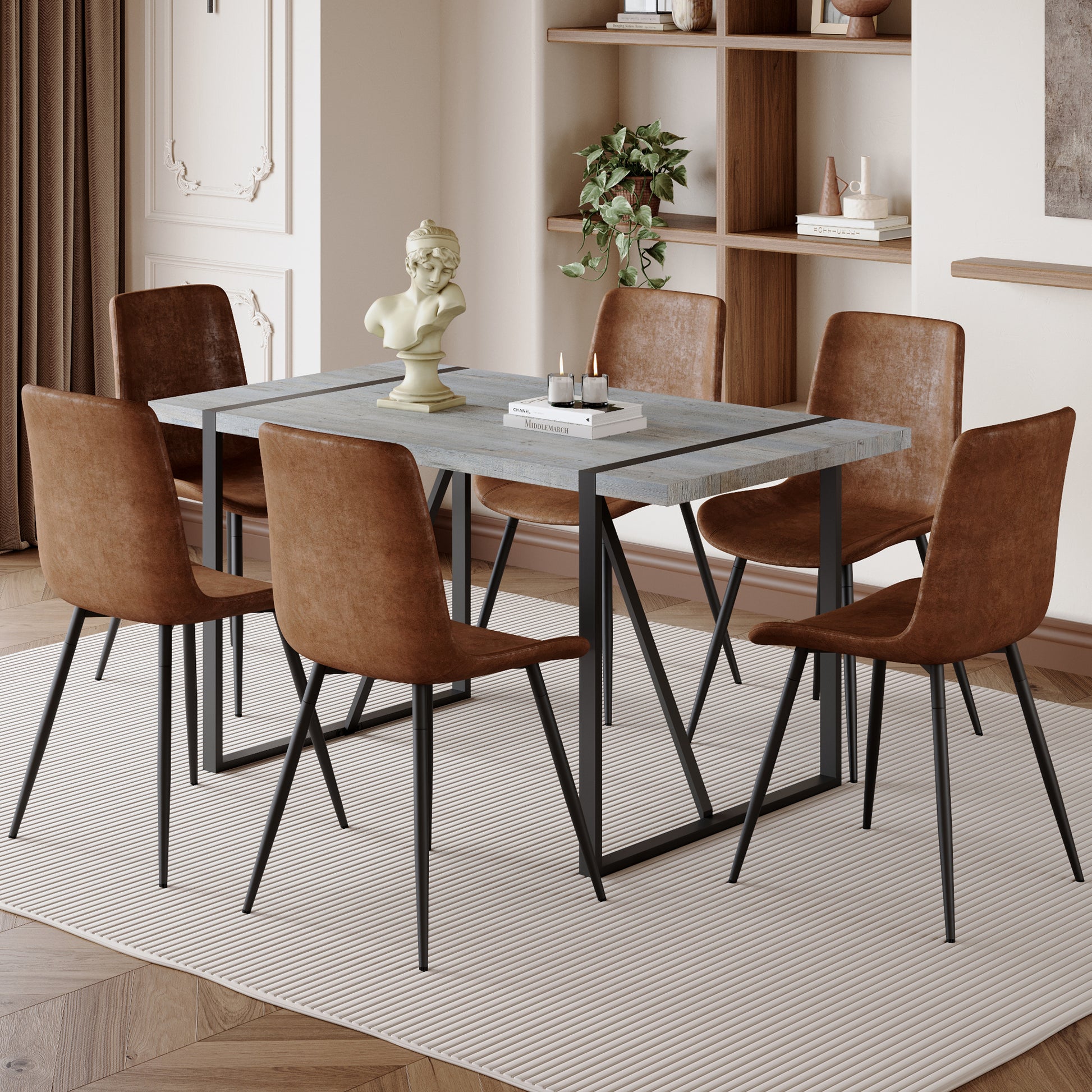 Table And Chair Set. Modern Minimalist Grey Marble Textured Mdf Dining Table With Metal Frame. Paired With 6 Chairs With Soft Suede Cushions And Black Metal Legs. Brown Seats 6 Mdf Metal