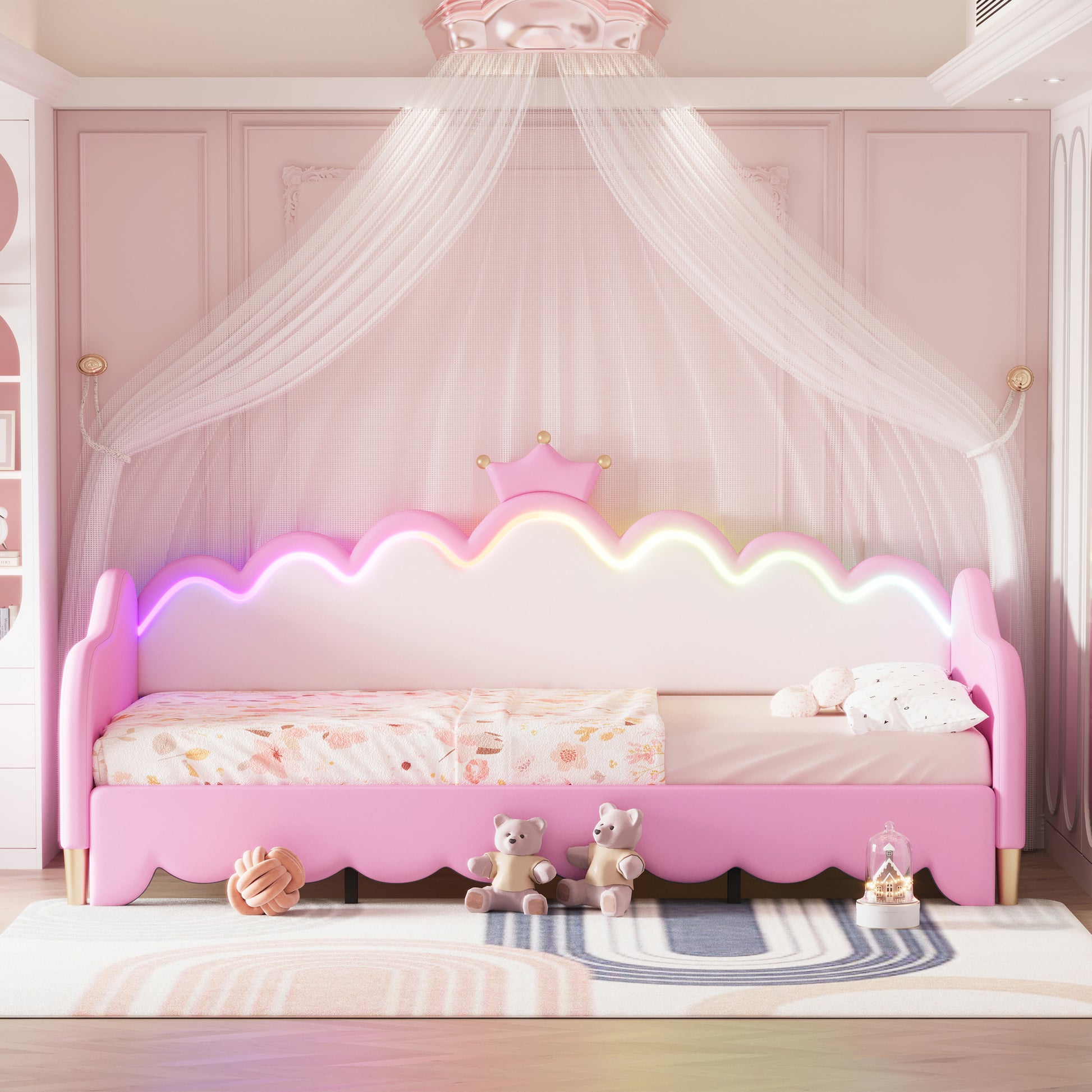 Twin Extending Daybed With Led Lights, Modern Upholstered Princess Daybed With Crown Headboard,Pink Twin Pink Wood